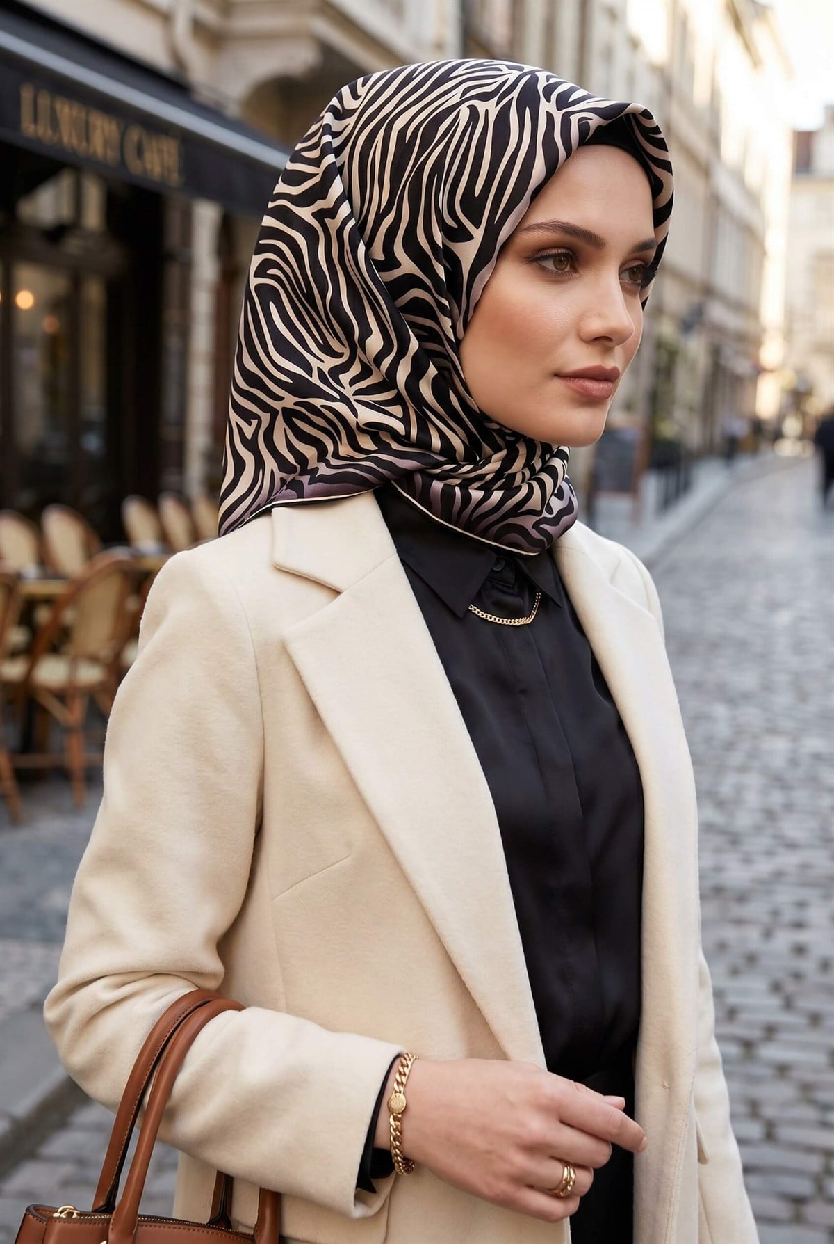 %100 Twill İpek Zebra Desenli Krem - Siyah Renkli 90x90 Eşarp Dikim Şekli : El Dikişi