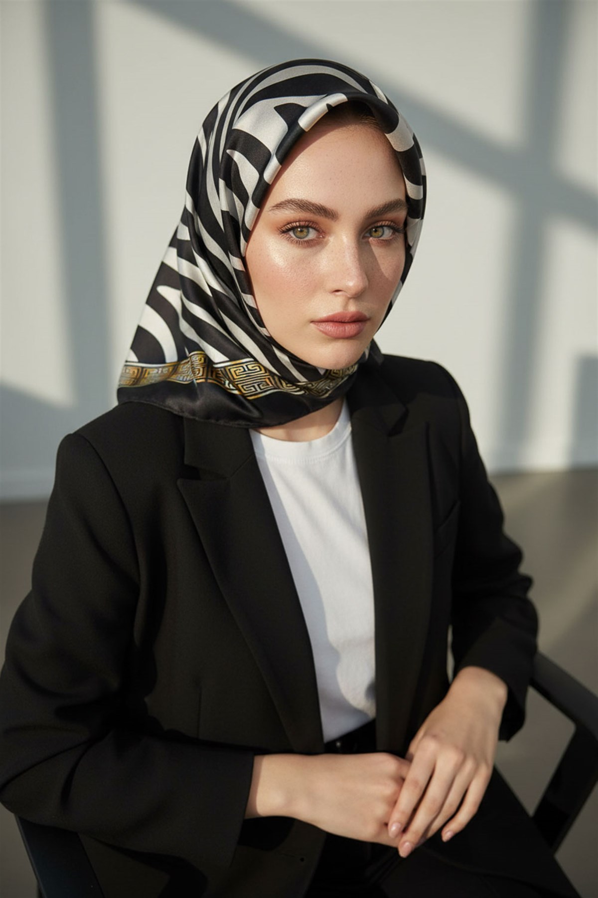 % 57 İPEK % 43 VİSKON Twill İpek Zebra Desenli Siyah - Beyaz Renkli 90x90 Eşarp Dikim Şekli : El Dikişi