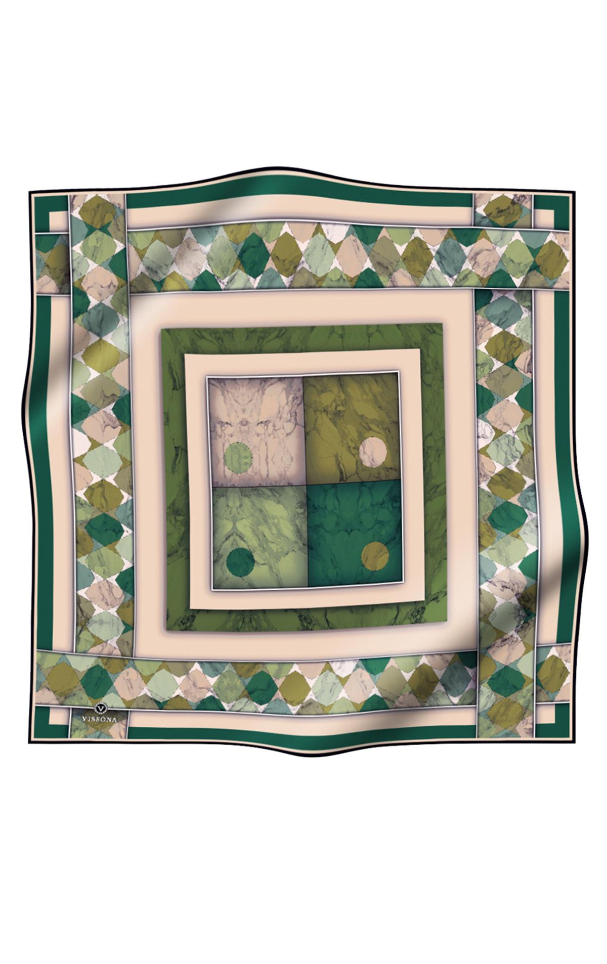 %100 Twill İpek Mermer Efektrli Geometrik Desenli Haki - Bej Renkli 90x90 Eşarp Dikim Şekli : El Dikişi