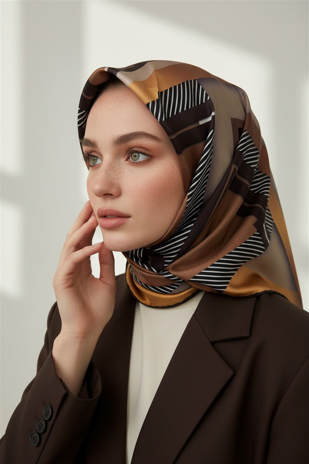 %100 Twill İpek Zebra Desenli Bej - Gold Renkli 90x90 Eşarp Dikim Şekli : El Dikişi