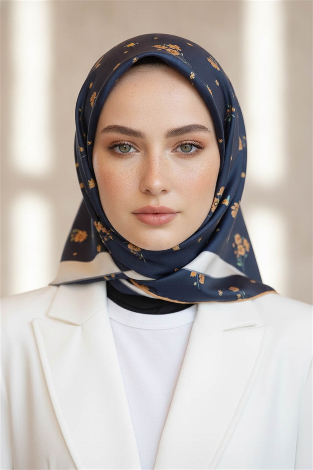 % 57 İPEK % 43 VİSKON Twill İpek Çıtır Çiçek Desenli Lacivert - Gold Renkli 90x90 Eşarp Dikim Şekli : El Dikişi