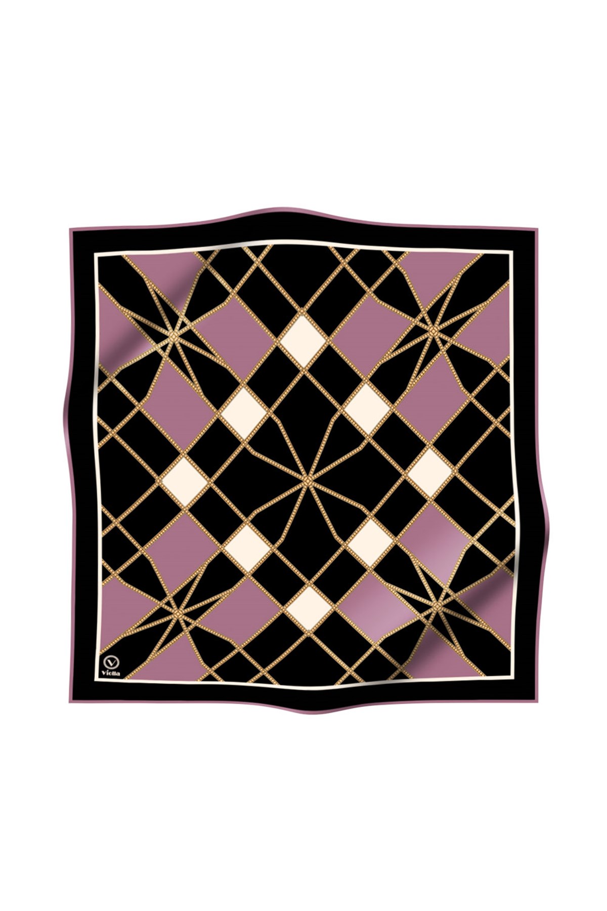 Twill Gold Detaylı Geometrik Çiçekli Desenli Lila Renkli 90x90 Eşarp (İpek İçermez) Kenar Dikiş Şekli El Dikişli