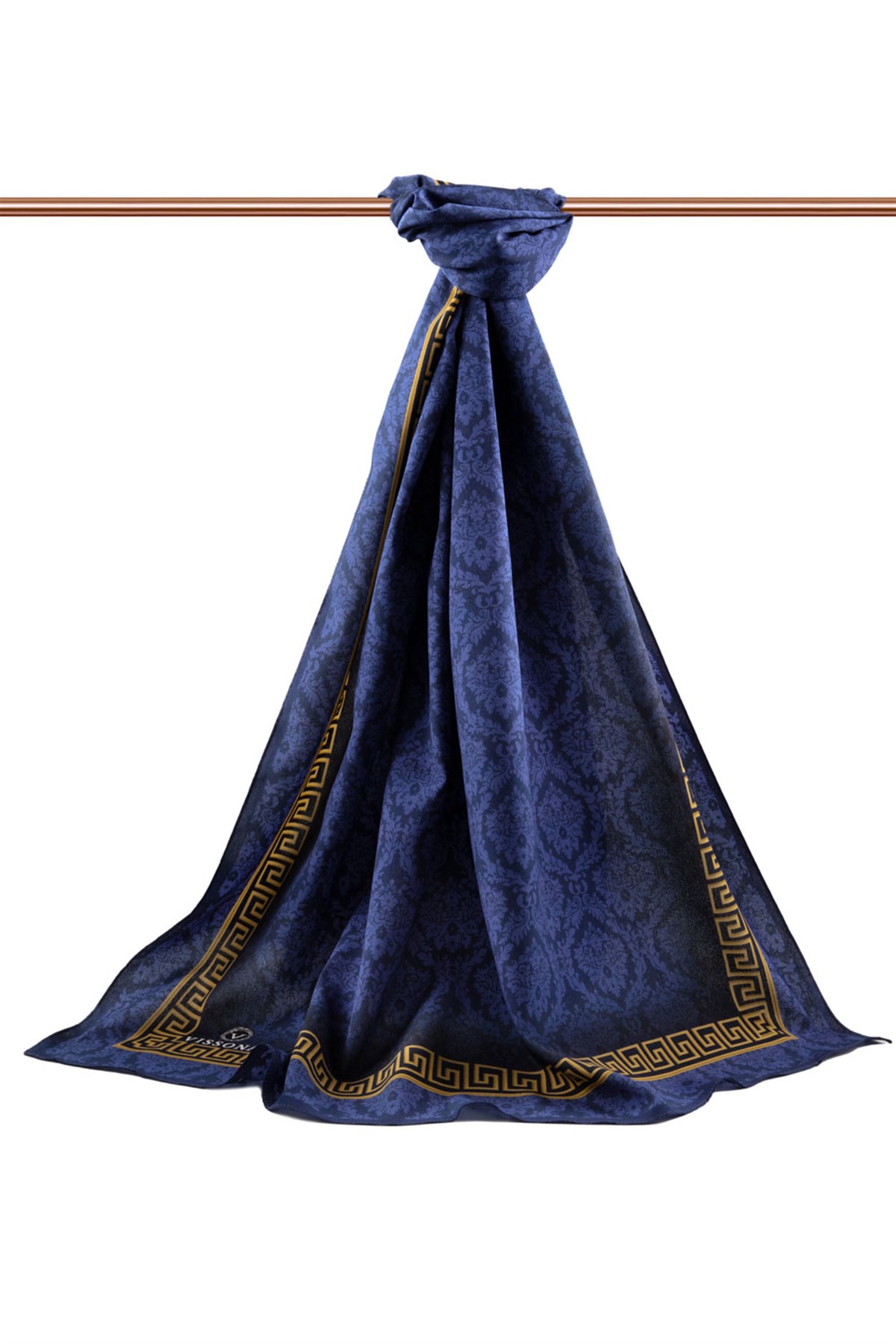 KREP GOLD DETAYLI BAROK DESENLİ LACİVERT RENKLİ 75X195 KIRIŞMAZ ŞAL