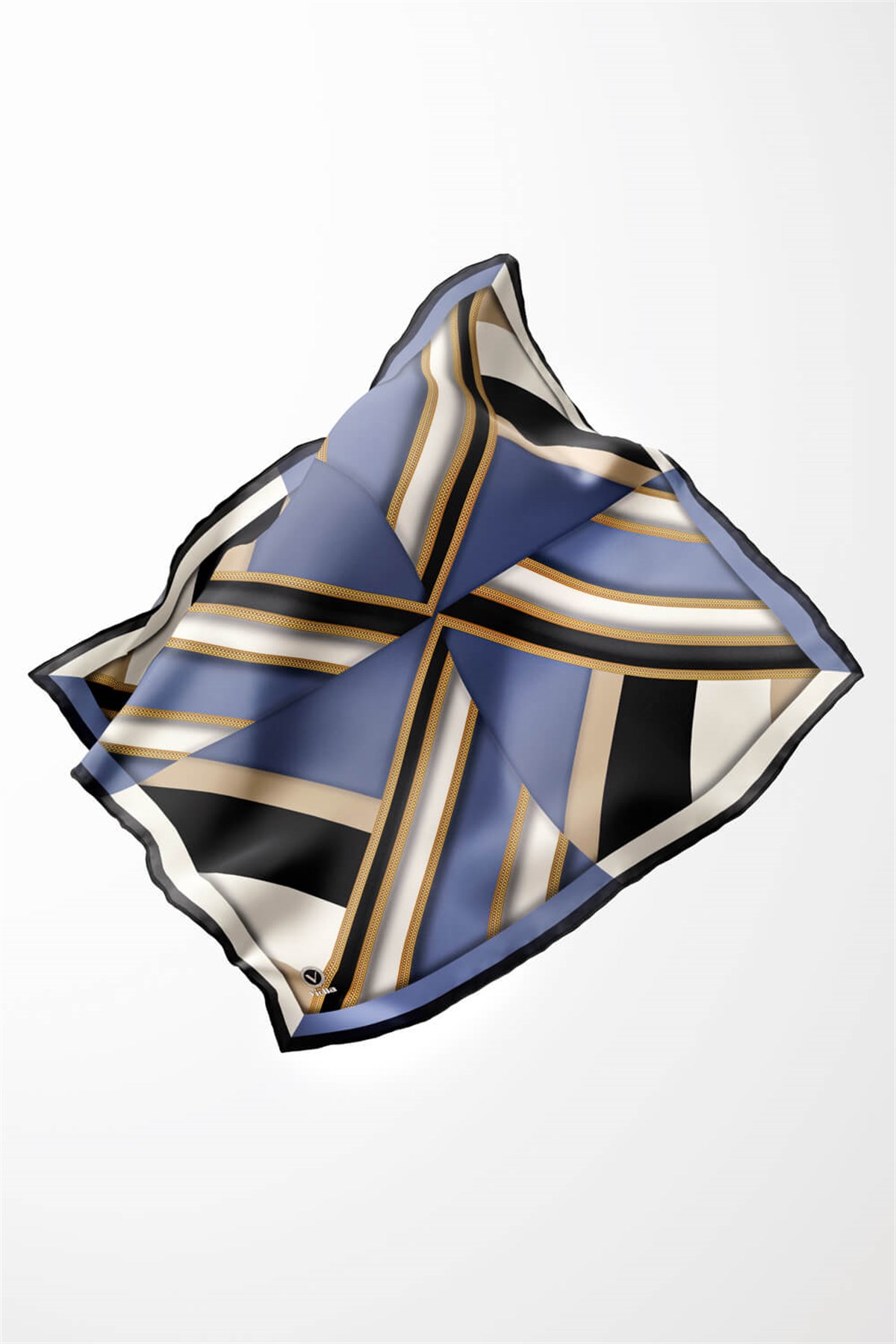 Twill Geometrik Desenli İndigo Renkli 90x90 Eşarp (İpek İçermez) Dikim Şekli : El Dikişi