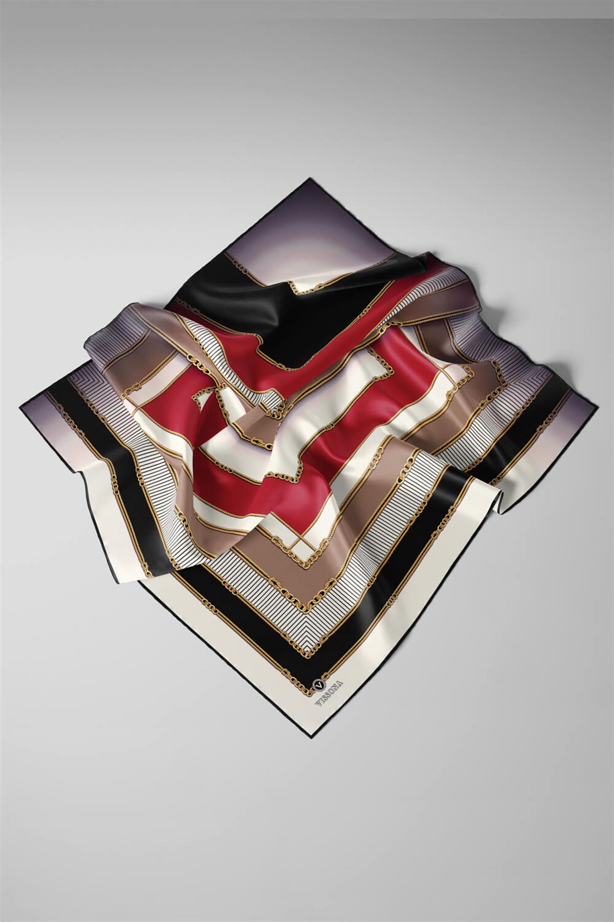 %100 Twill İpek Zincir Detaylı Geometrik Desenli Bordo - Bej Renkli 90x90 Eşarp Dikim Şekli : El Dikişi