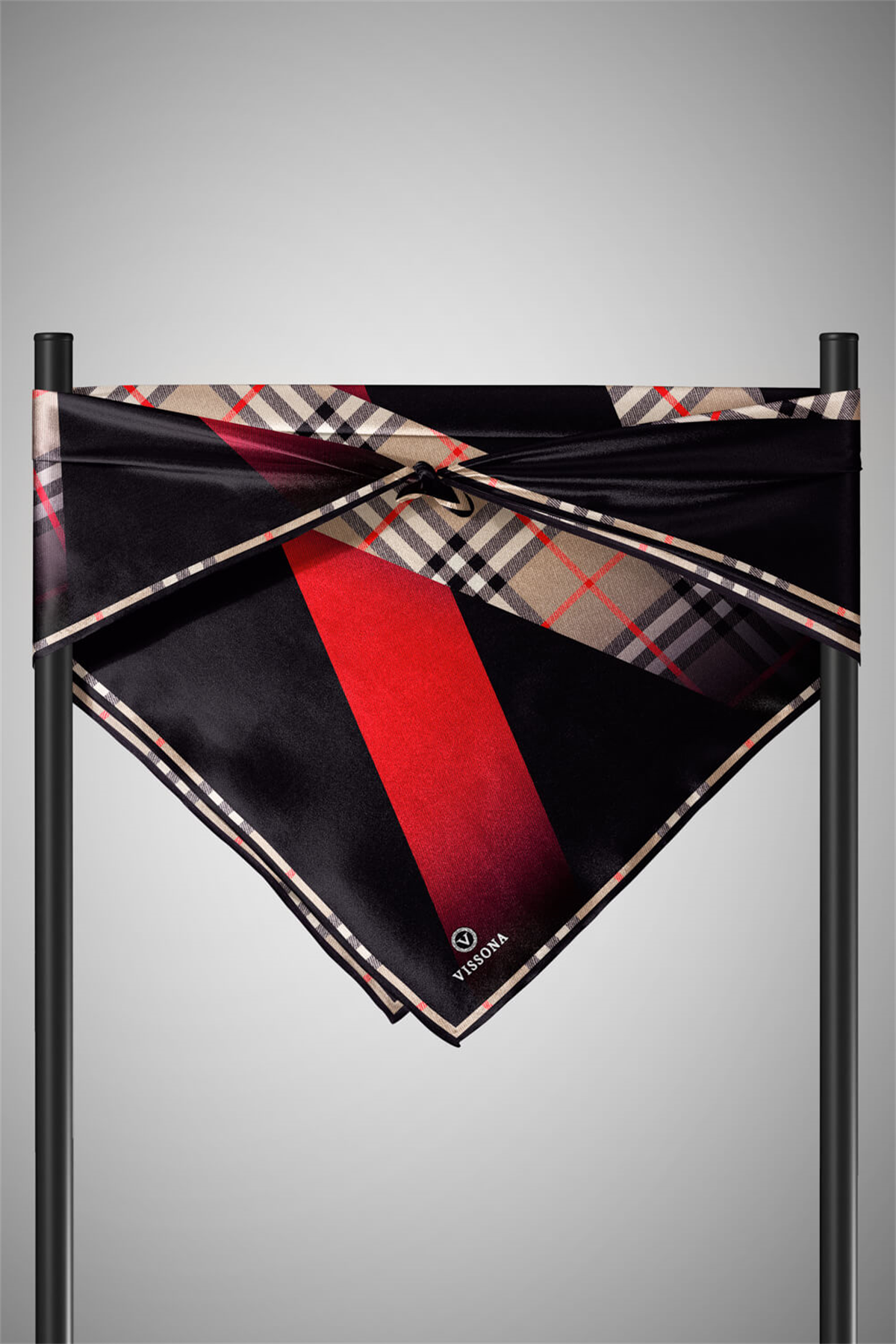 % 57 İPEK % 43 VİSKON Twill İpek Ekose Desenli Kırmızı - Siyah Renkli 90x90 Eşarp Dikim Şekli : El Dikişi