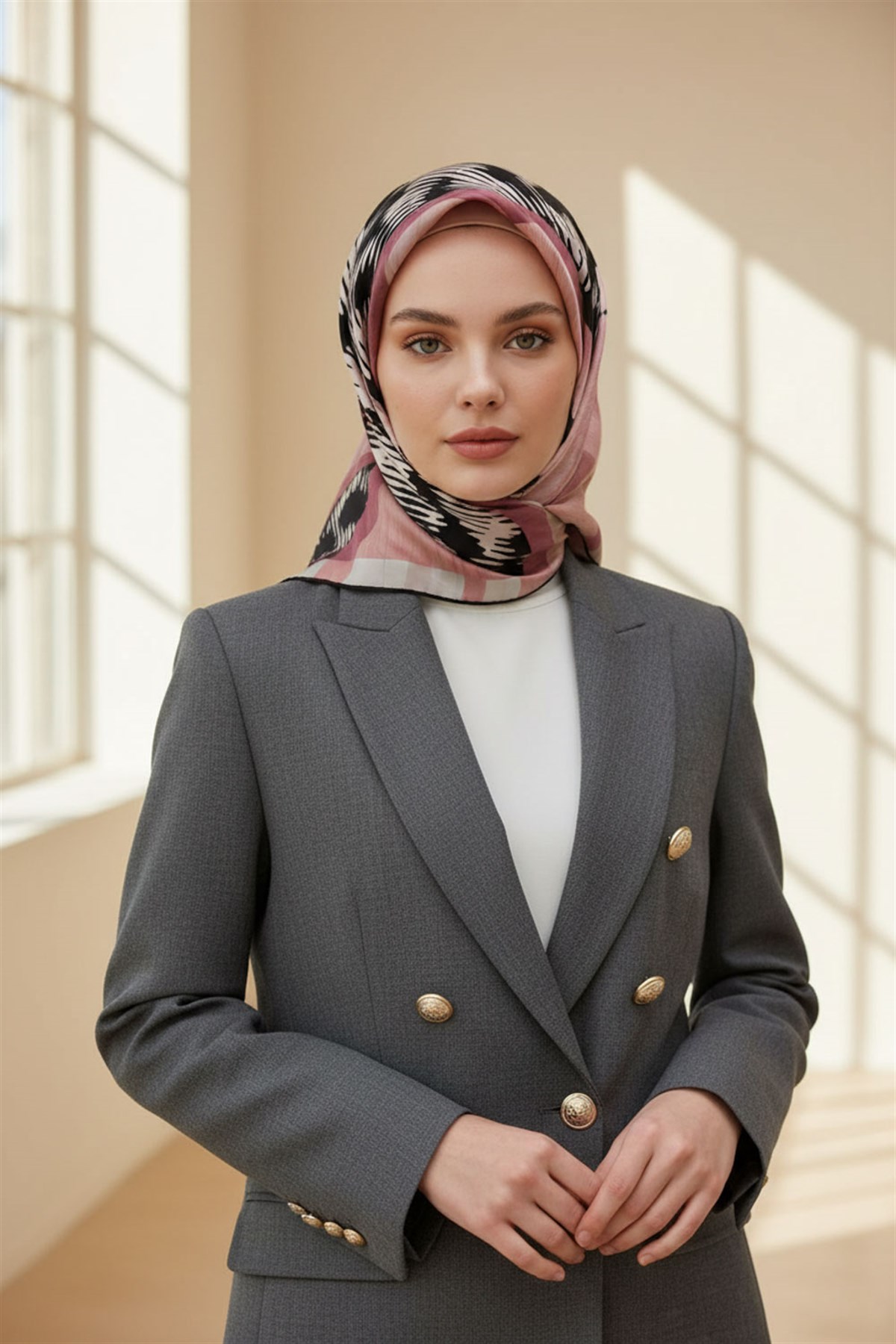 %100 Twill İpek Kazayağı Desenli Pudra - Siyah Renkli 90x90 Eşarp Kenar Dikiş Şekli El Dikişli