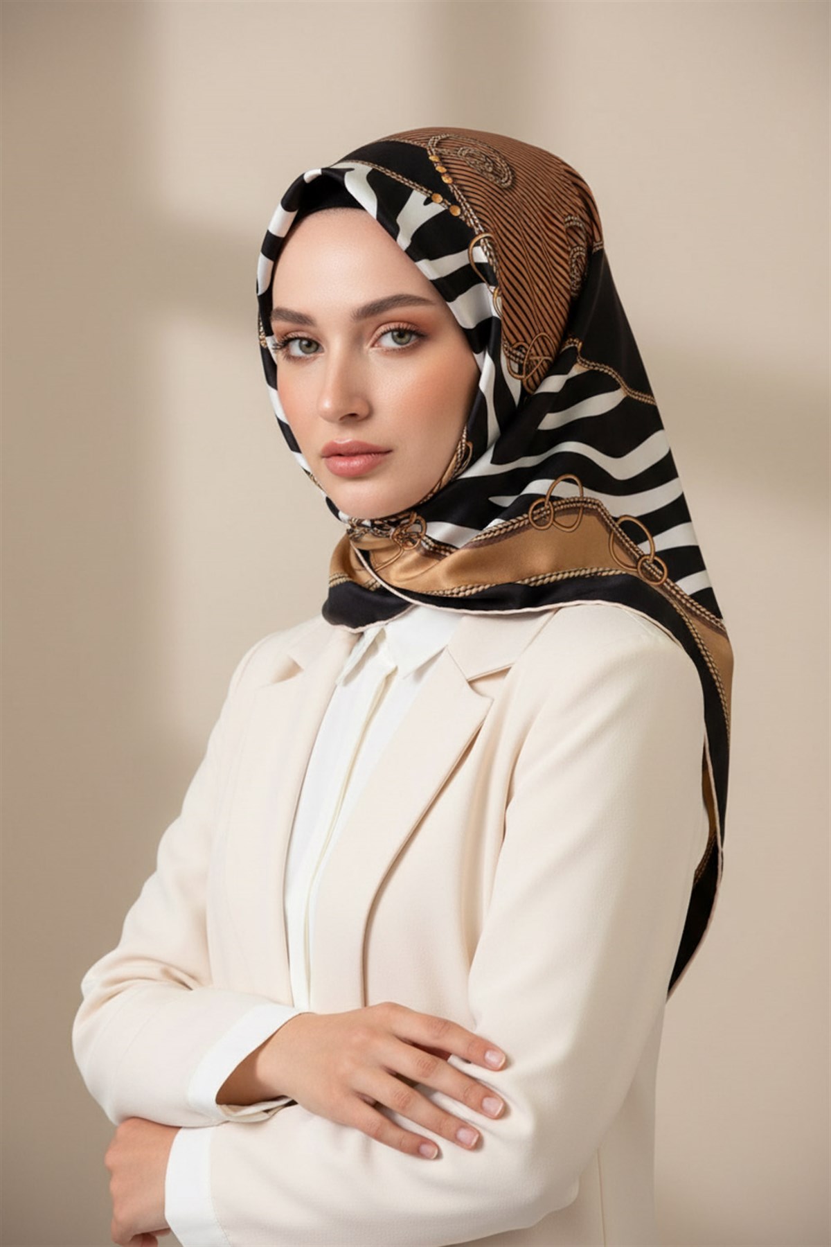 %100 Twill İpek Zincirli Ve Zebra Desenli Bej - Siyah Renkli 90x90 Eşarp Dikim Şekli : El Dikişi