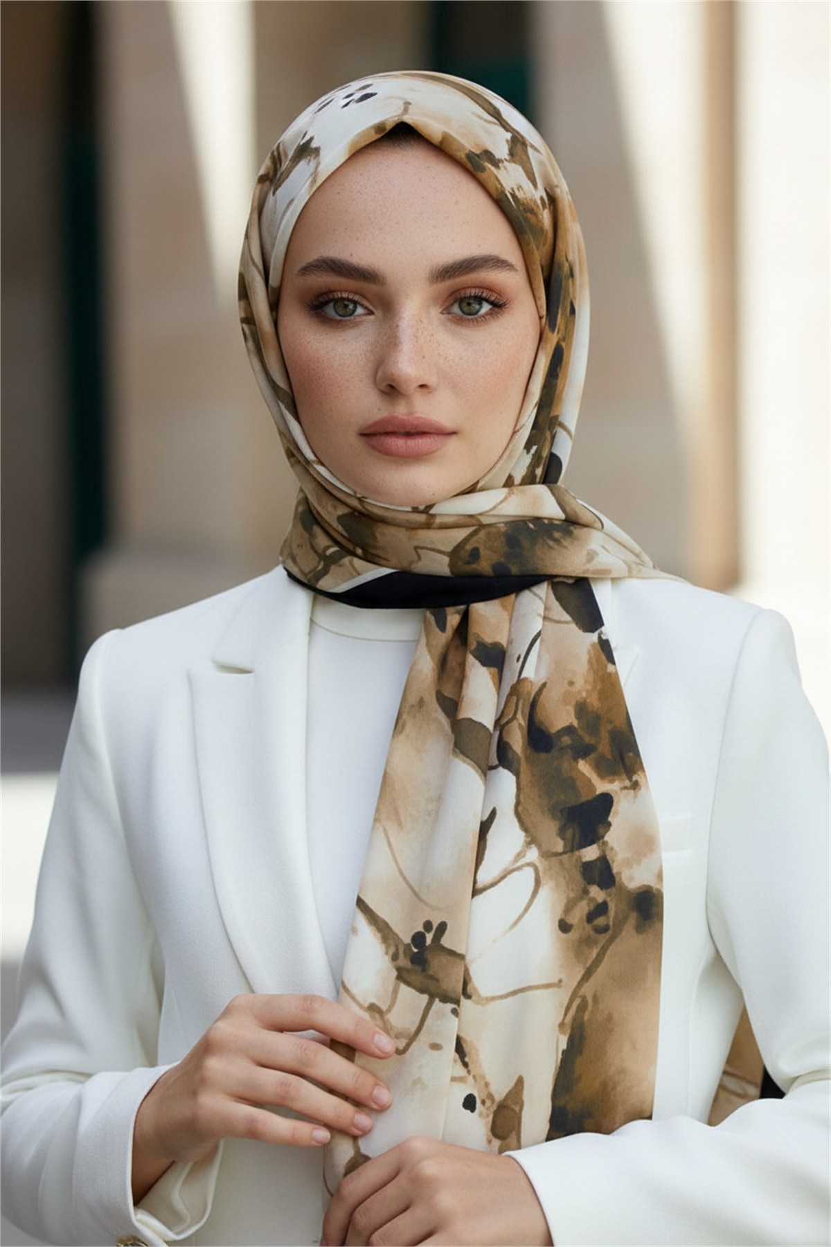 KREP SULU BOYA YAPRAK DESENLİ BEJ RENKLİ 75X195 KIRIŞMAZ ŞAL