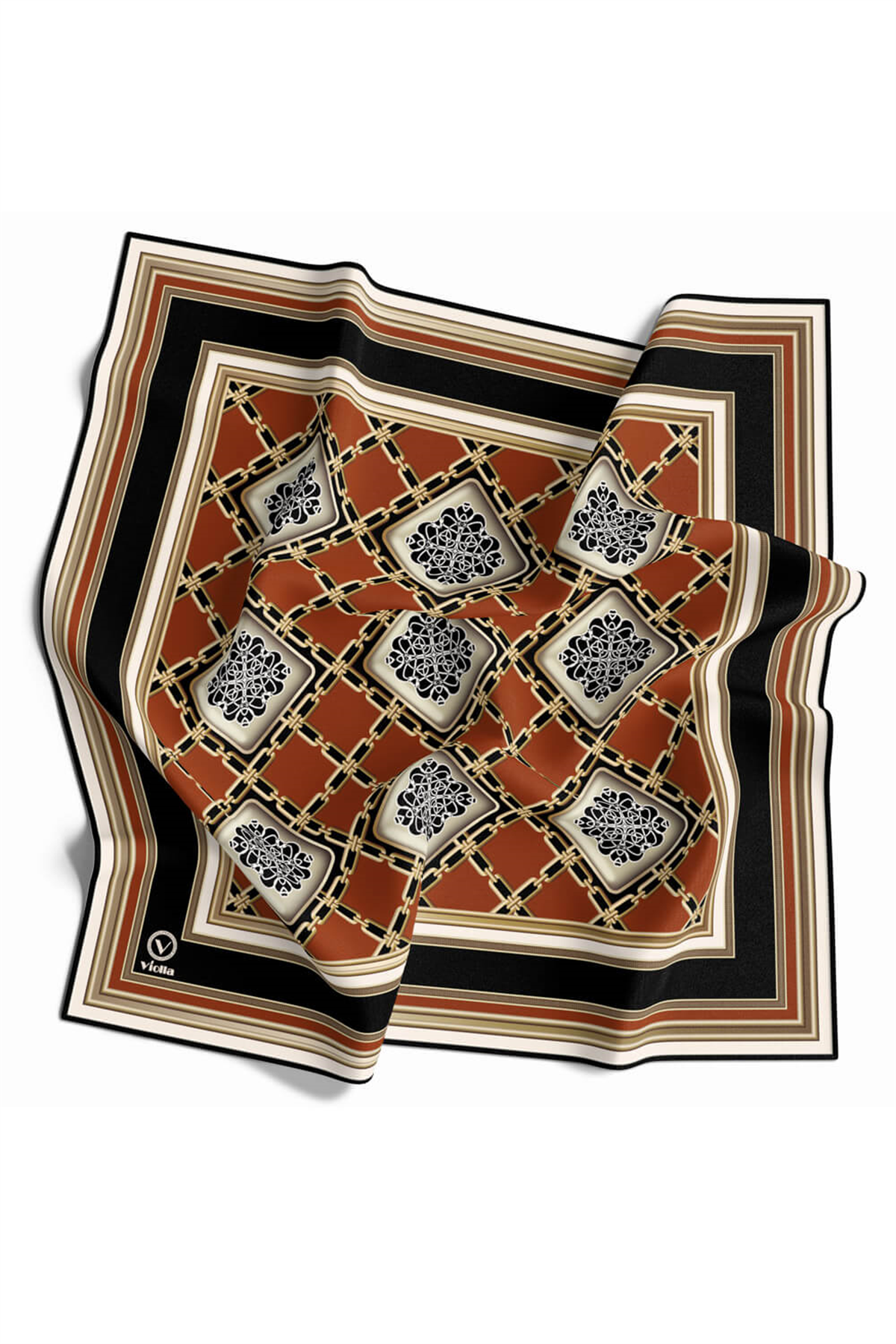 Twill Geometrik Ve Zincirli Desenli Taba Renkli 90x90 Eşarp (İpek İçermez) Dikim Şekli : El Dikişi