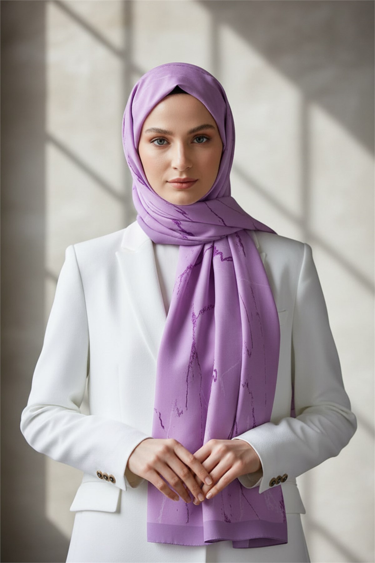 KREP MERMER DESENLİ LİLA RENKLİ 75X195 KIRIŞMAZ ŞAL