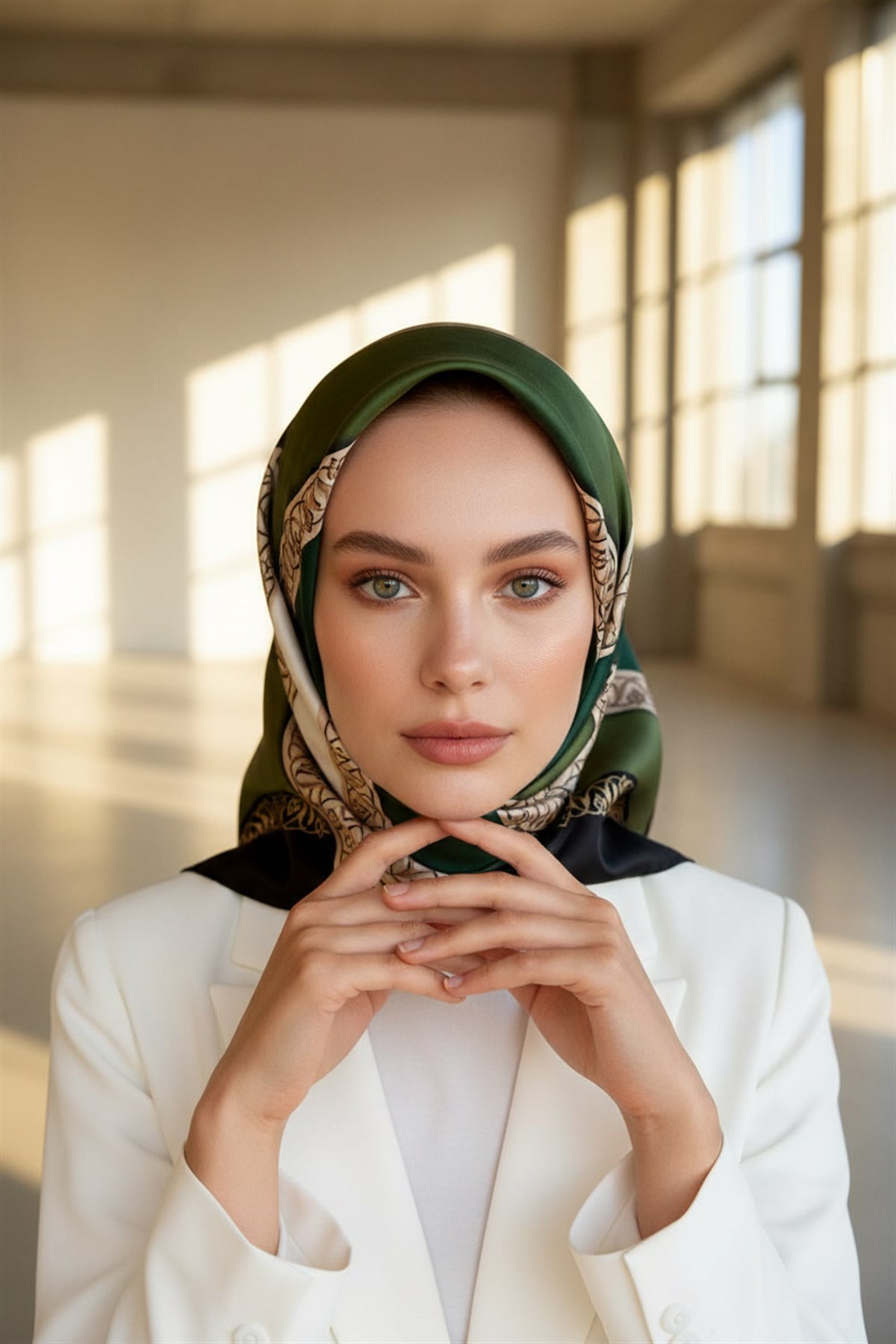 %100 Twill İpek Geometrik Desenli Zümrüt Yeşili - Siyah Renkli 90x90 Eşarp Dikim Şekli : El Dikişi