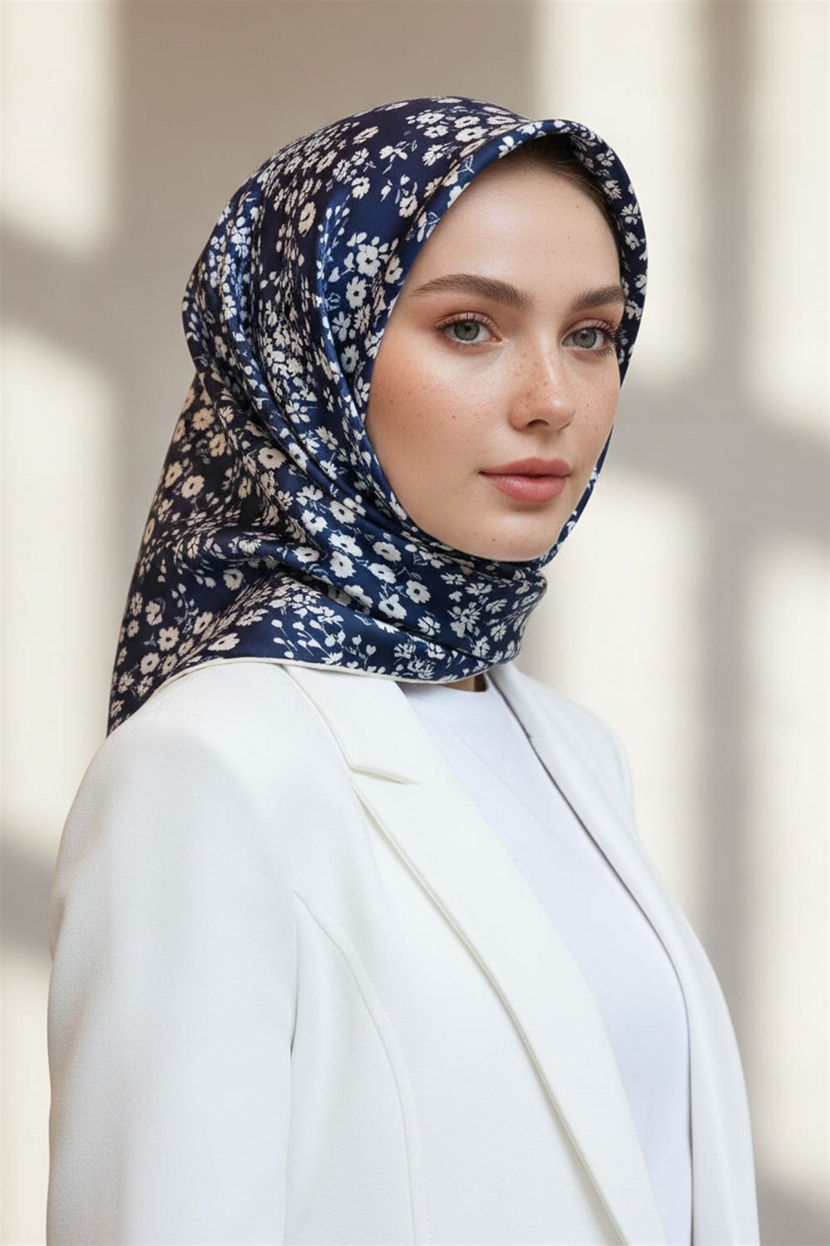 %100 Twill İpek Çıtır Çiçek Desenli Lacivert - Krem Renkli 90x90 Eşarp Dikim Şekli : El Dikişi