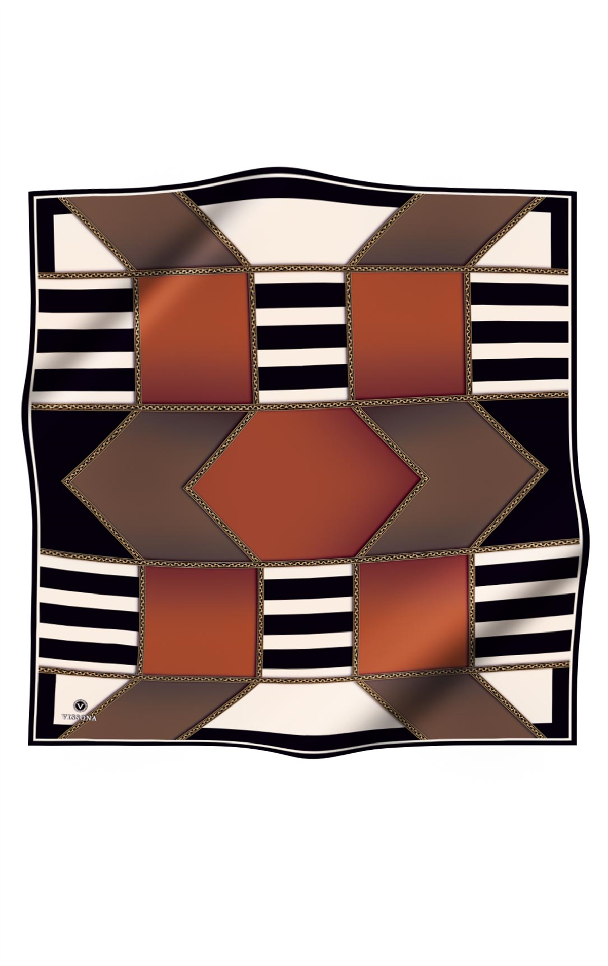 %100 Twill İpek Geometrik Desenli Taba - Vizon Renkli 90x90 Eşarp Dikim Şekli : El Dikişi