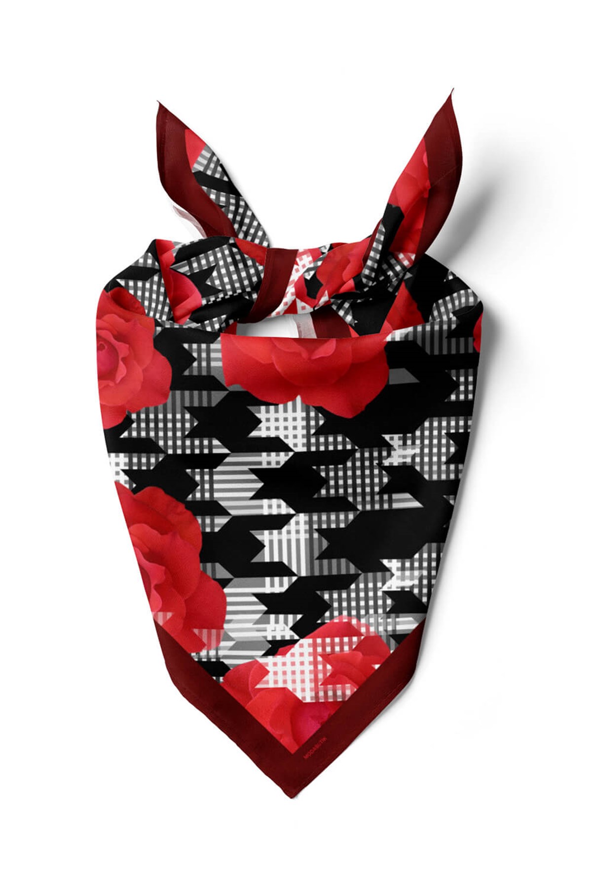 Violla V19 Kadın Gül Desenli Bandana 50x50 Kırmızı Siyah Beyaz DG0441-22