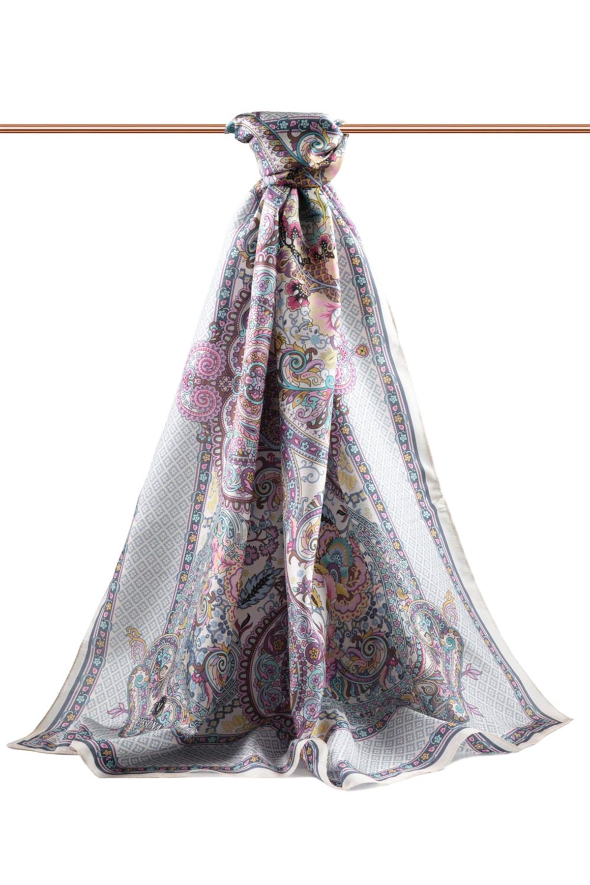 %100 İPEK ETRO DESENLİ KREM - MÜRDÜM RENKLİ ŞAL