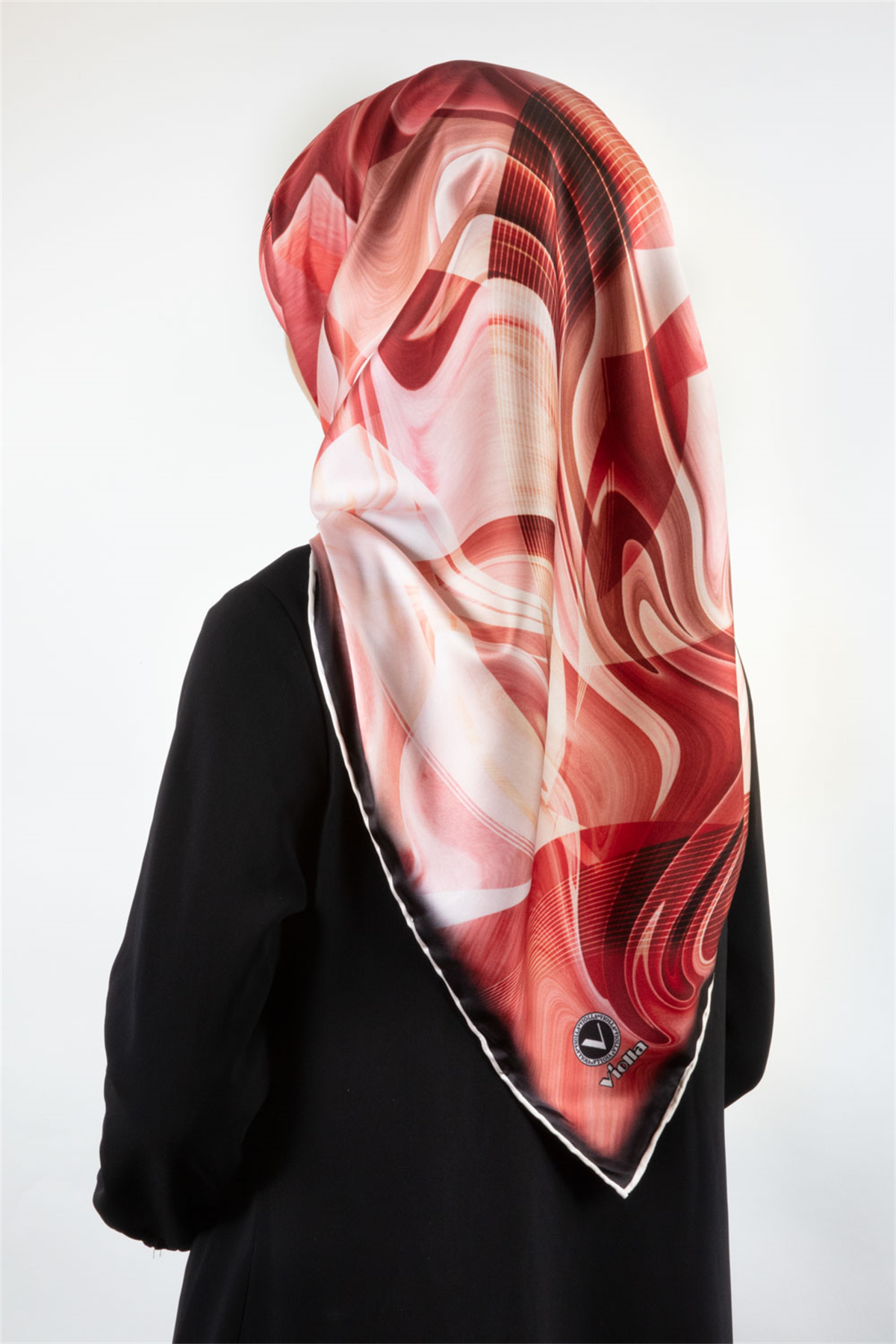 Twill Soyut Dalga Desenli Kırmızı Renkli 90x90 Eşarp (İpek İçermez) Dikim Şekli : El Dikişi