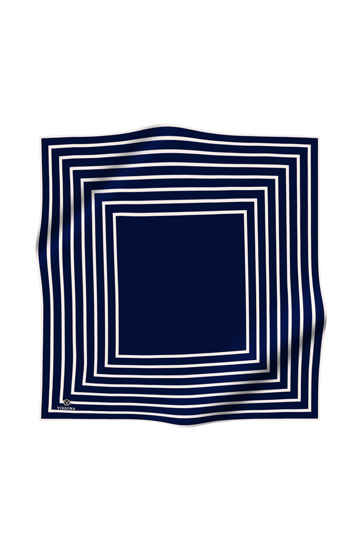 %100 Twill İpek Çizgili Desenli Lacivert - Krem Renkli 90x90 Eşarp Dikim Şekli : El Dikişi