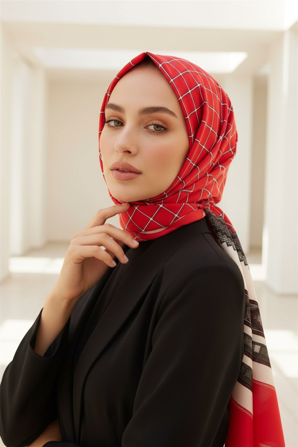 %100 Saf İpek Şal İnce Saten Vual Dokuma Etnik Desenli Kırmızı - Krem Renkli 90x210 Şal