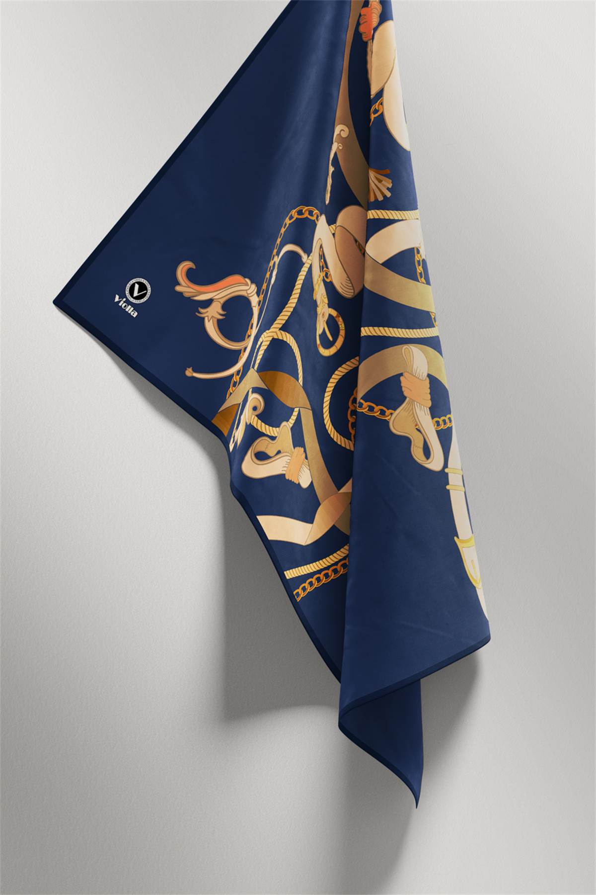Twill Kemerli Ve Zincir Desenli İndigo Renkli 90x90 Eşarp (İpek İçermez) Kenar Dikiş Şekli El Dikişli