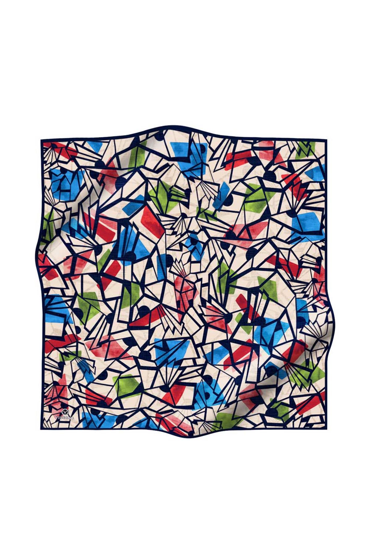 %100 Twill Renkli Petek Desenli Kırmızı - Saks Renkli 90x90 Eşarp Dikim Şekli: El Dikişii