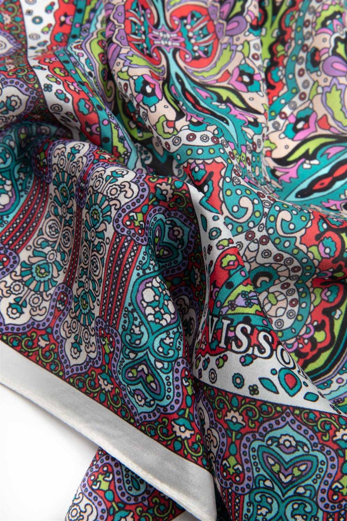 100% İpek Etnik Desenli Beyaz - Fuşya Renkli 92x210 Şal