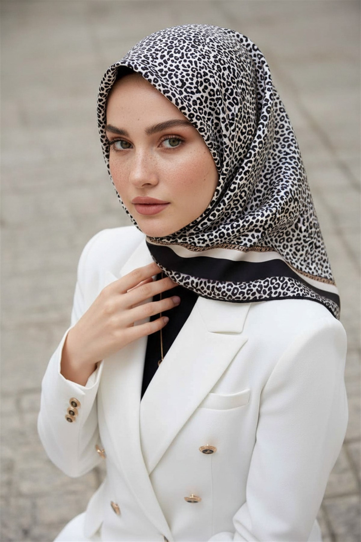 %100 Twill İpek Leopar Desenli Krem - Siyah Renkli 90x90 Eşarp Dikim Şekli : El Dikişi