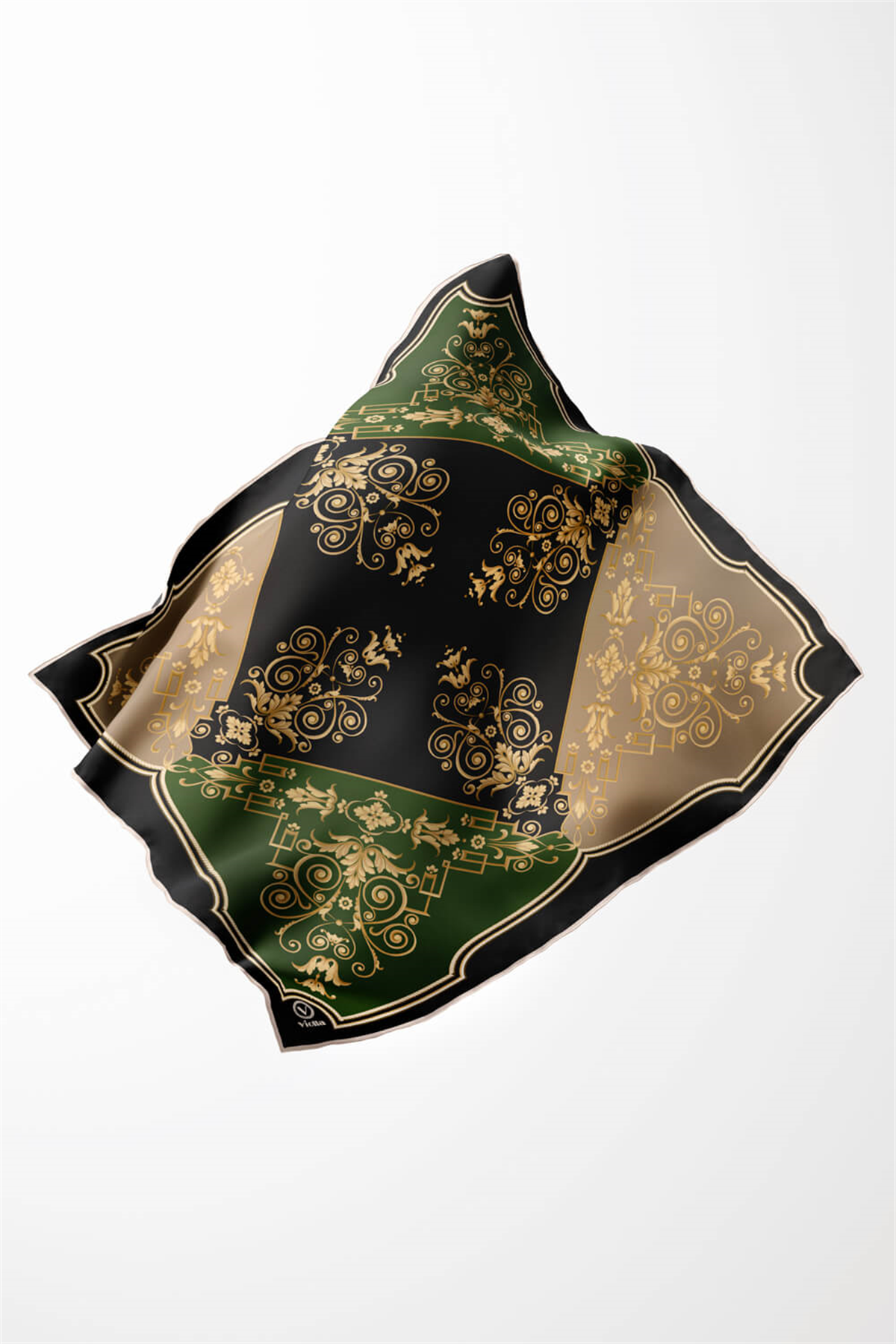 Twill Gold Desenli Zümrüt Yeşili Renkli 90x90 Eşarp (İpek İçermez) Kenar Dikiş Şekli El Dikişli