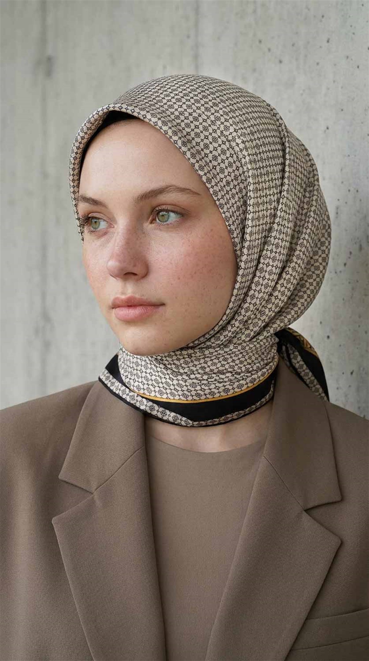 %100 Twill İpek Minik Motif Desenli Krem - Siyah Renkli 90x90 Eşarp Dikim Şekli : El Dikişi
