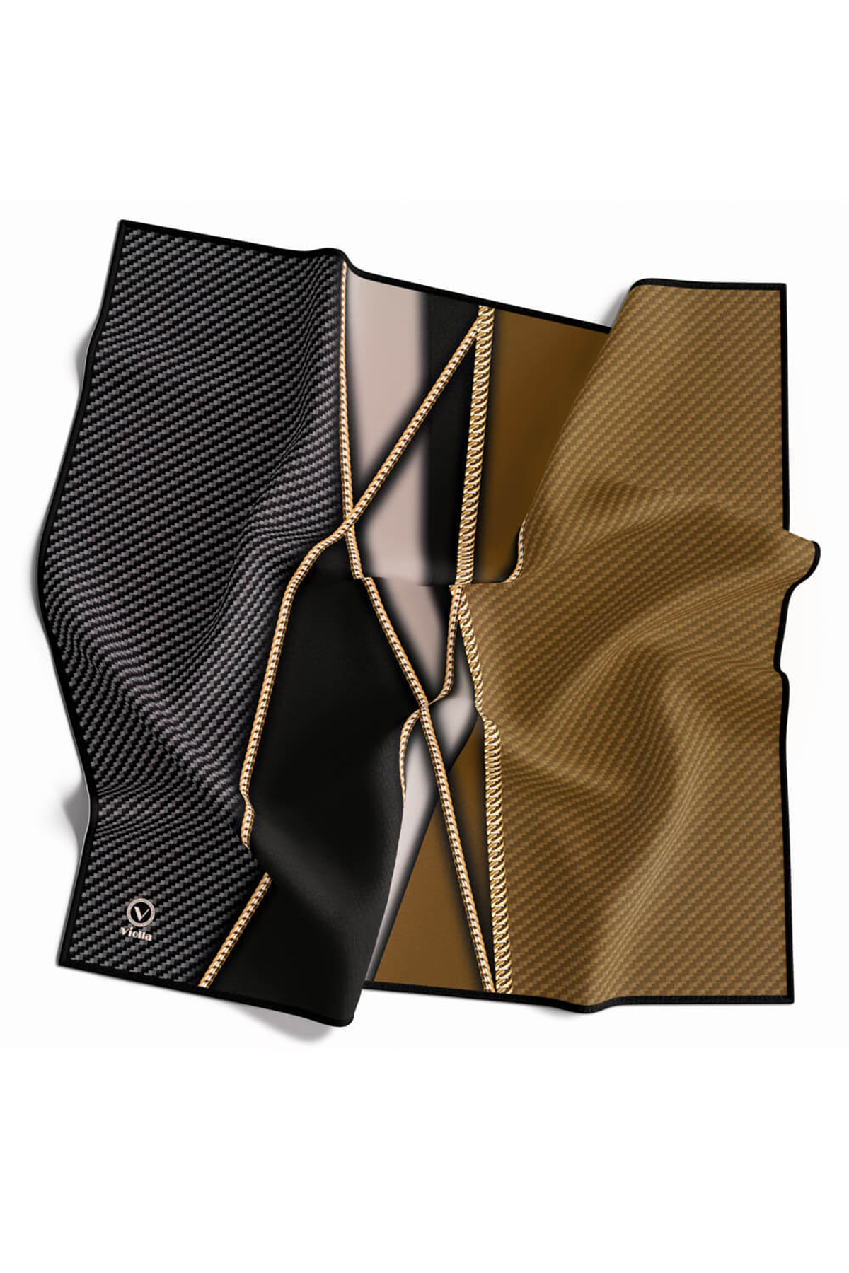 Rayon Gold Detaylı Geometrik Desenli Hardal Renkli 90x90 Eşarp (İpek İçermez) Kenar Dikiş Şekli El Dikişli