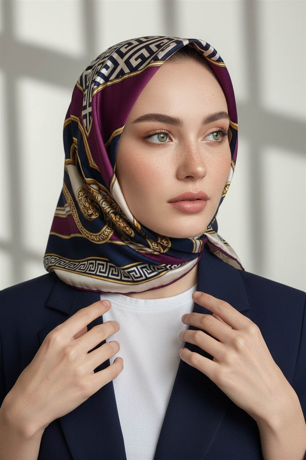 %100 Twill İpek Barok Desenli Mürdüm - Lacivert Renkli 90x90 Eşarp Dikim Şekli : El Dikişi