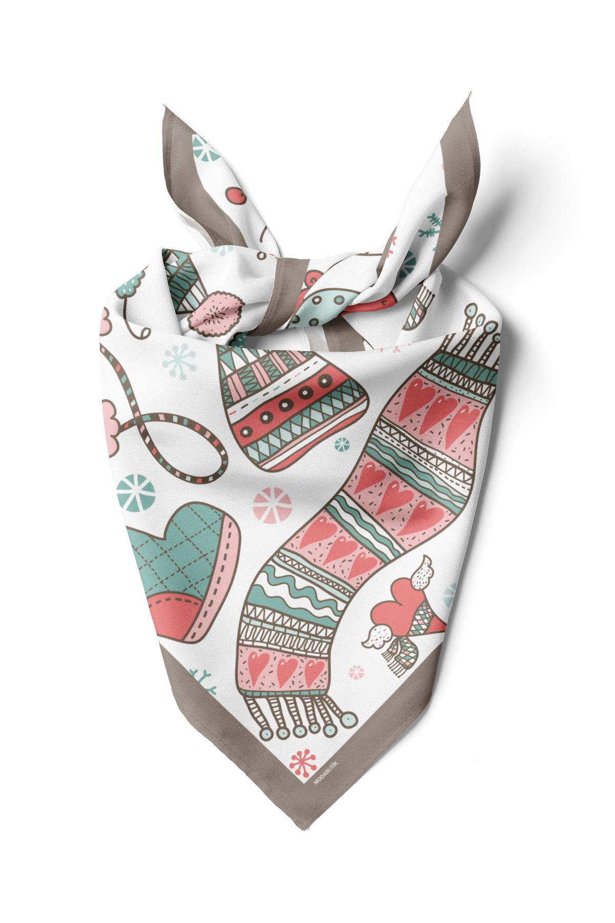 Y56 Kadın Winter Desenli Bandana 50x50 Beyaz DG0138-22