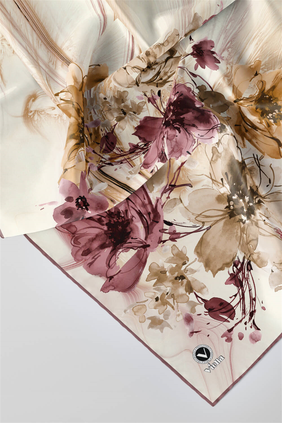 Twill Çiçek Desenli Gül Kurusu Renkli 90x90 Eşarp (İpek İçermez) Kenar Dikiş Şekli El Dikişli