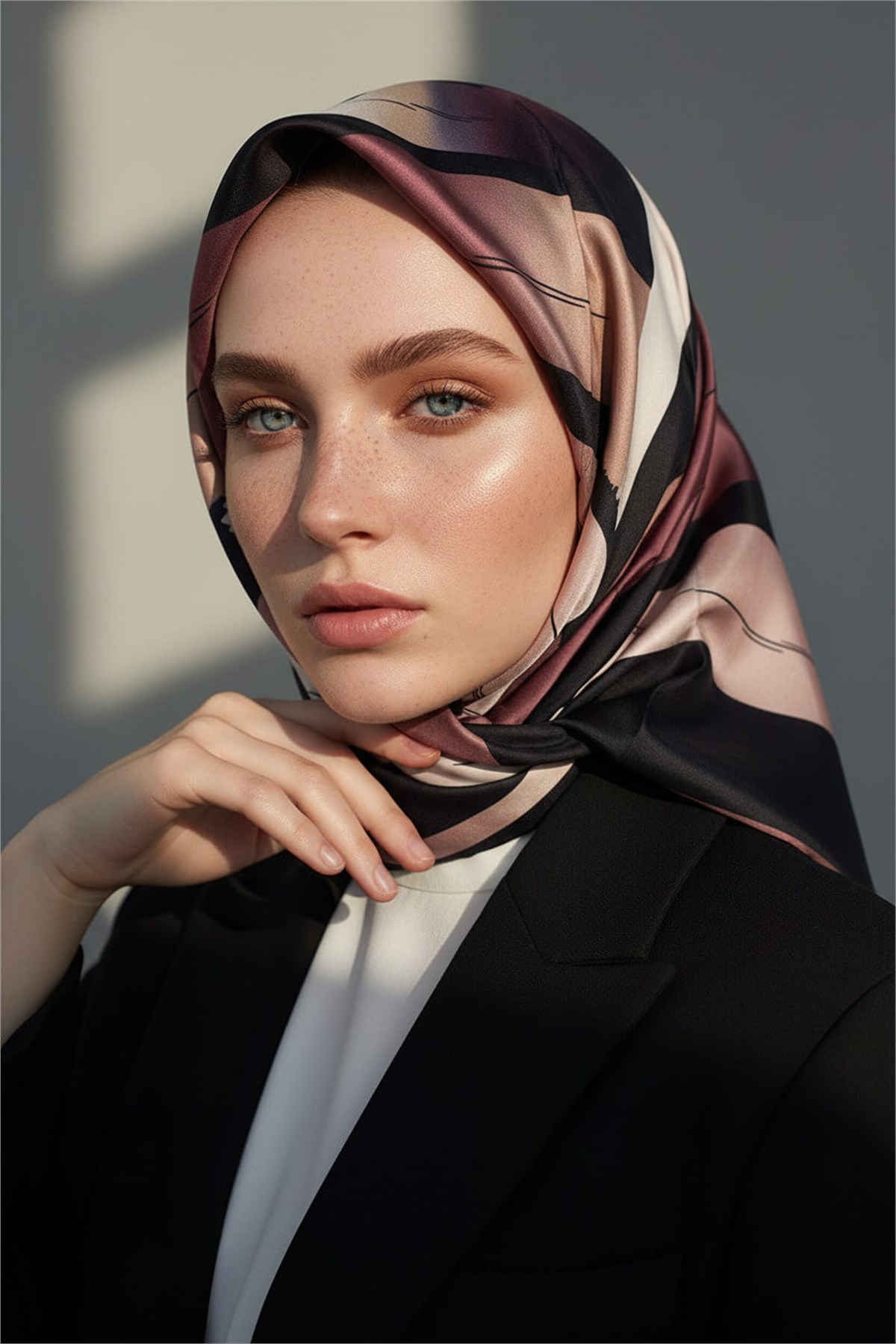 %100 Twill İpek Geometrik Fırça İzi Desenli Siyah - Gül Kurusu Renkli 90x90 Eşarp Dikim Şekli : El Dikişi