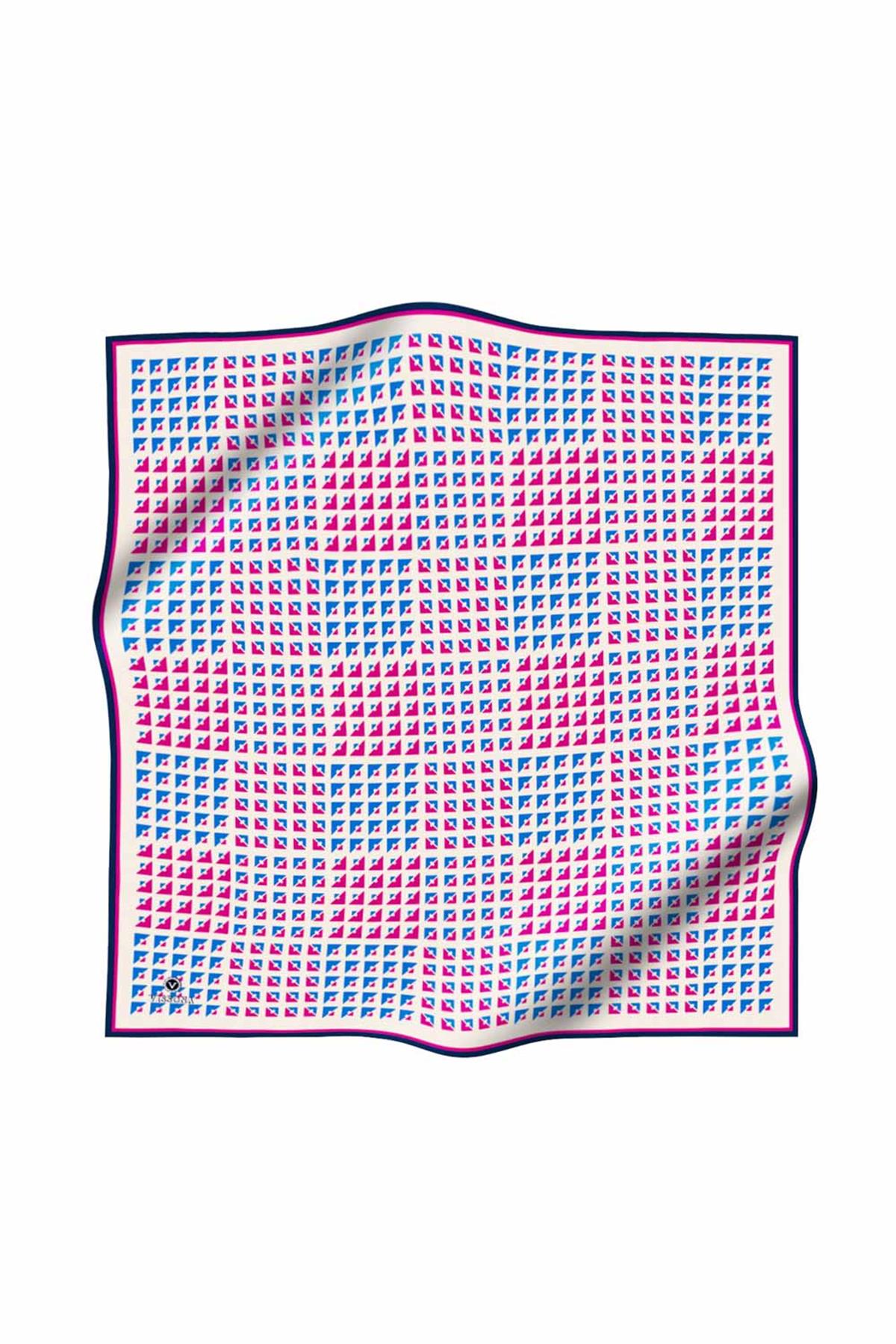 %100 Twill İpek Geometrik Desenli Saks - Fuşya Renkli 90x90 Eşarp Dikim Şekli : El Dikişi