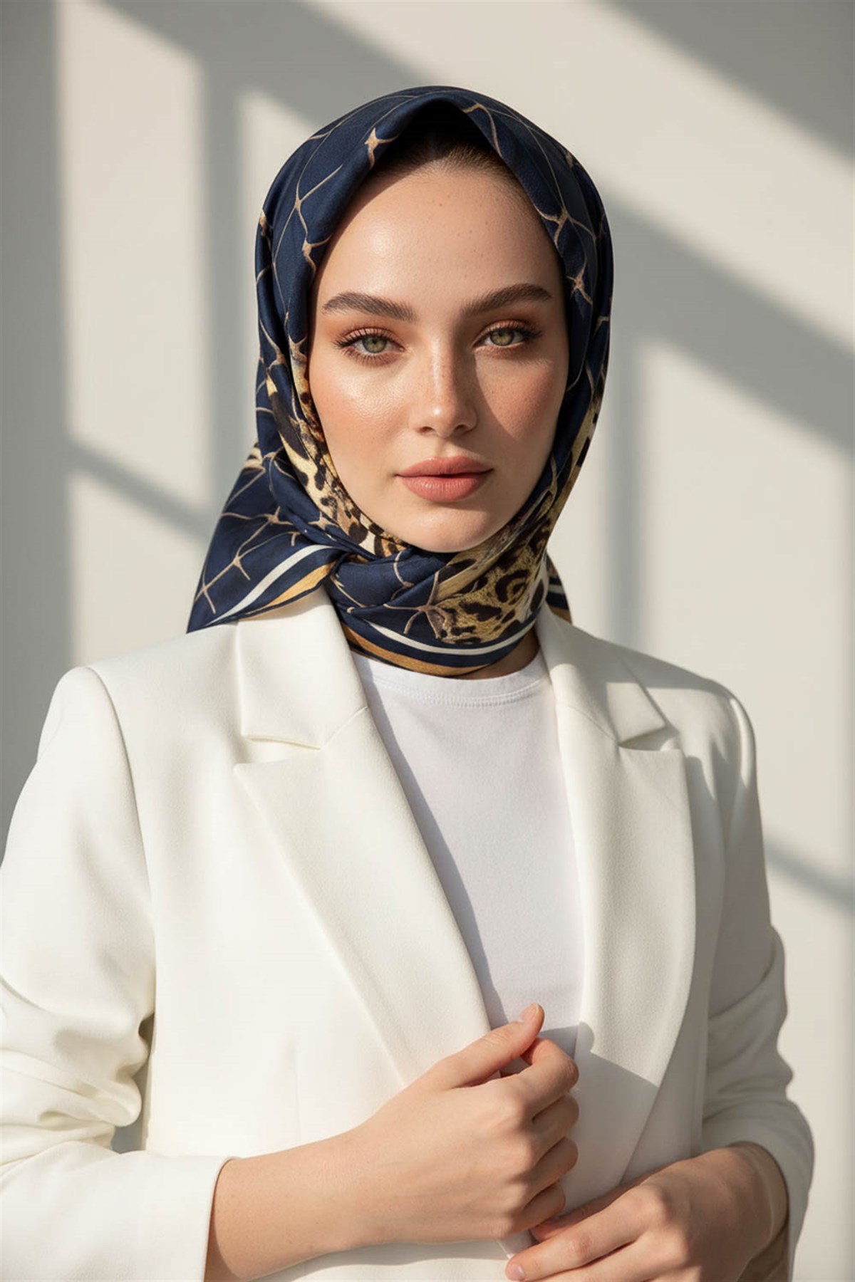 %100 Twill İpek Leopar Desenli Lacivert Renkli 90x90 Eşarp Dikim Şekli : El Dikişi