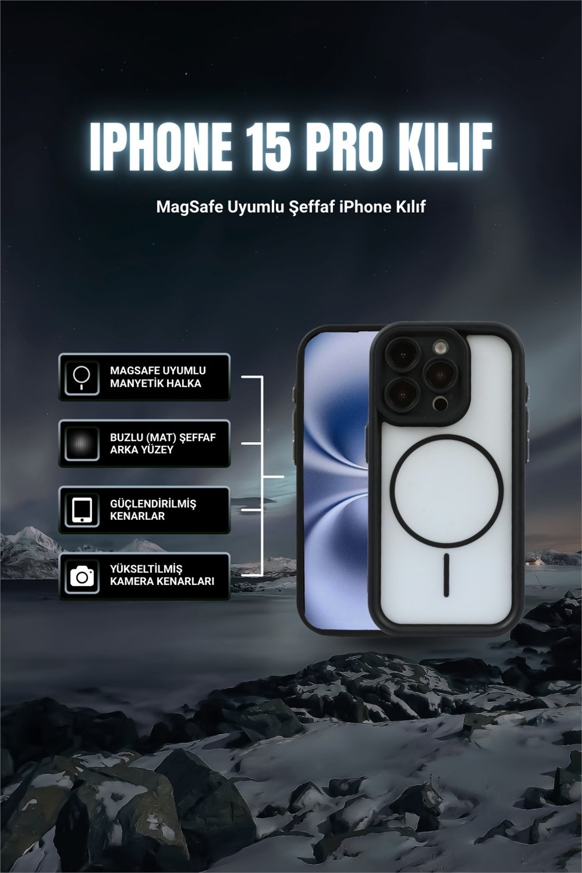 iPhone 15 Pro Kılıf – Kamera Korumalı – MagSafe Uyumlu – Siyah Renk – Mat Silikon Telefon Kılıfı