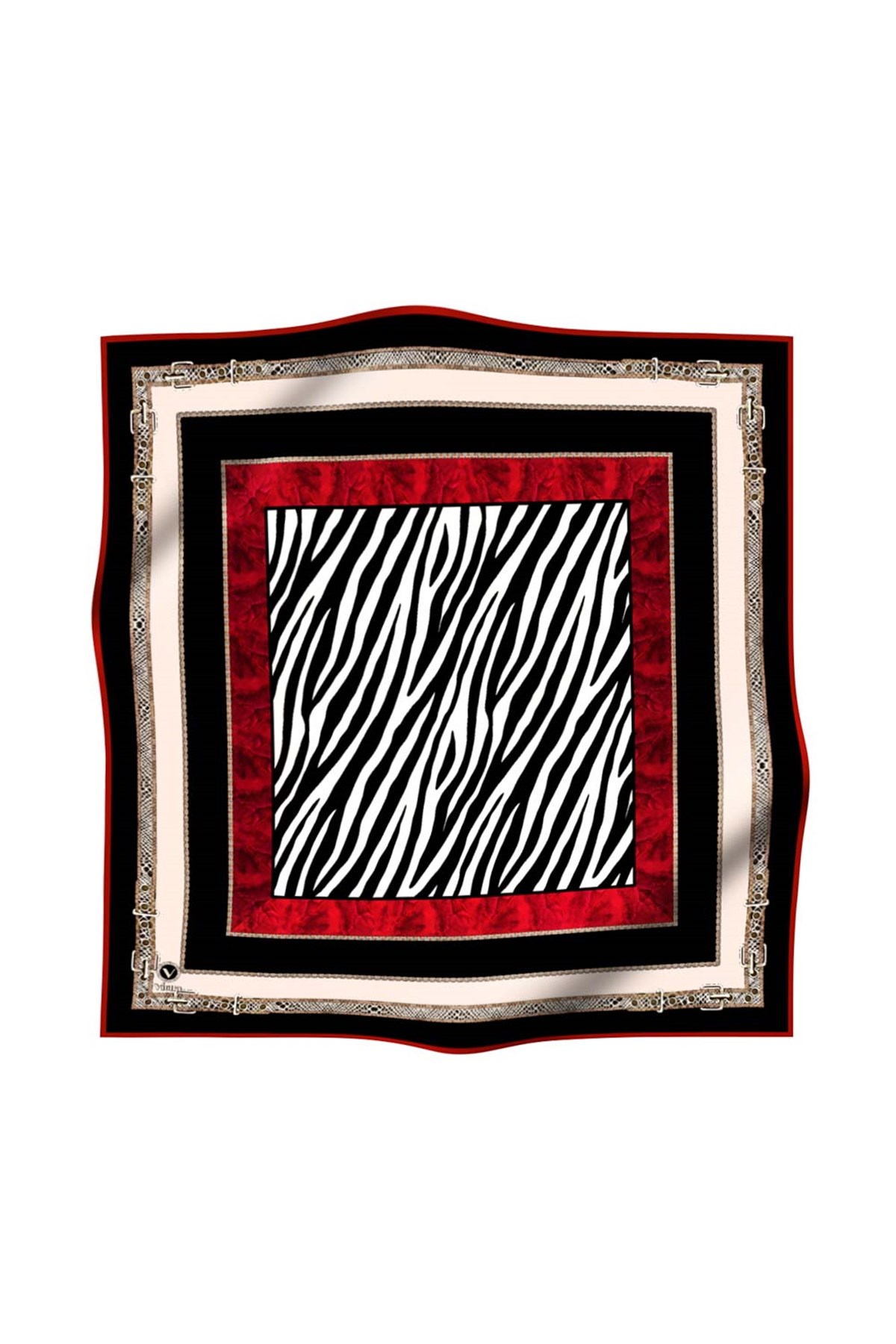 Twill Kemer Bordürlü Zincir Desenli Kırmızı Renkli 90x90 Eşarp (İpek İçermez) Kenar Dikiş Şekli El Dikişli