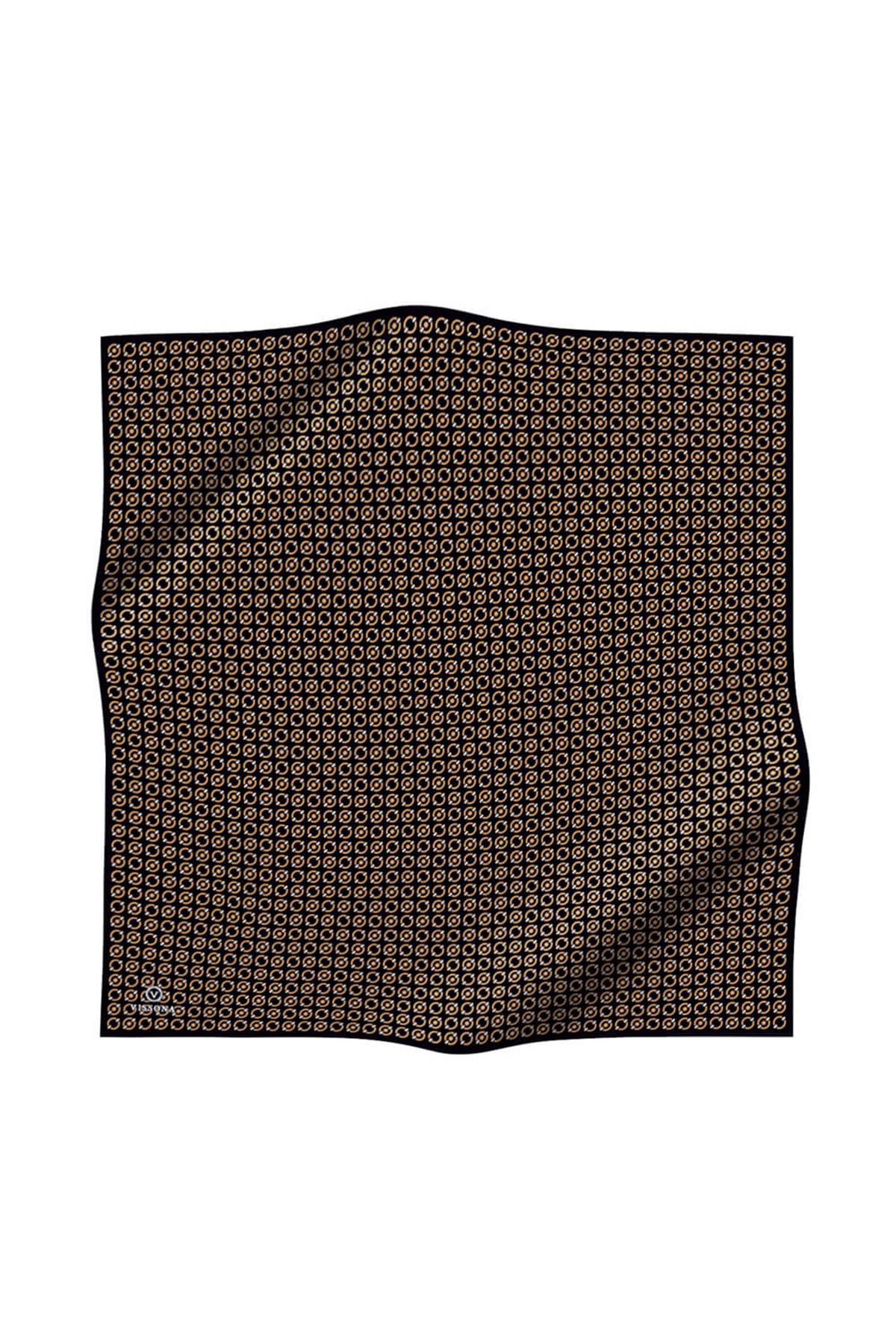 %100 Twill İpek Zincir Desenli Siyah - Gold Renkli 90x90 Eşarp Kenar Dikiş Şekli El Dikişli