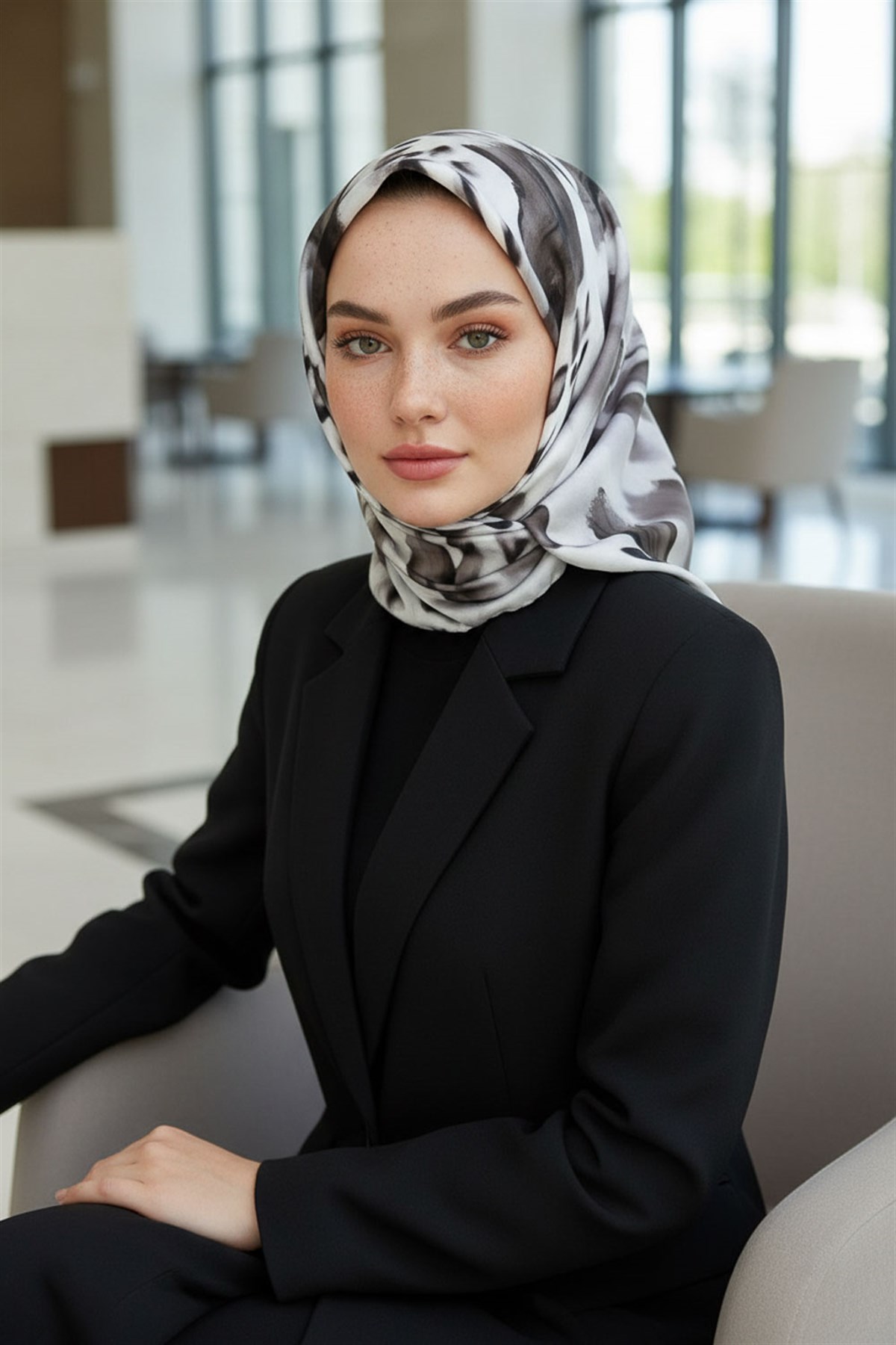 %100 Twill İpek Batik Desenli Siyah - Beyaz Renkli 90x90 Eşarp Dikim Şekli : El Dikişi