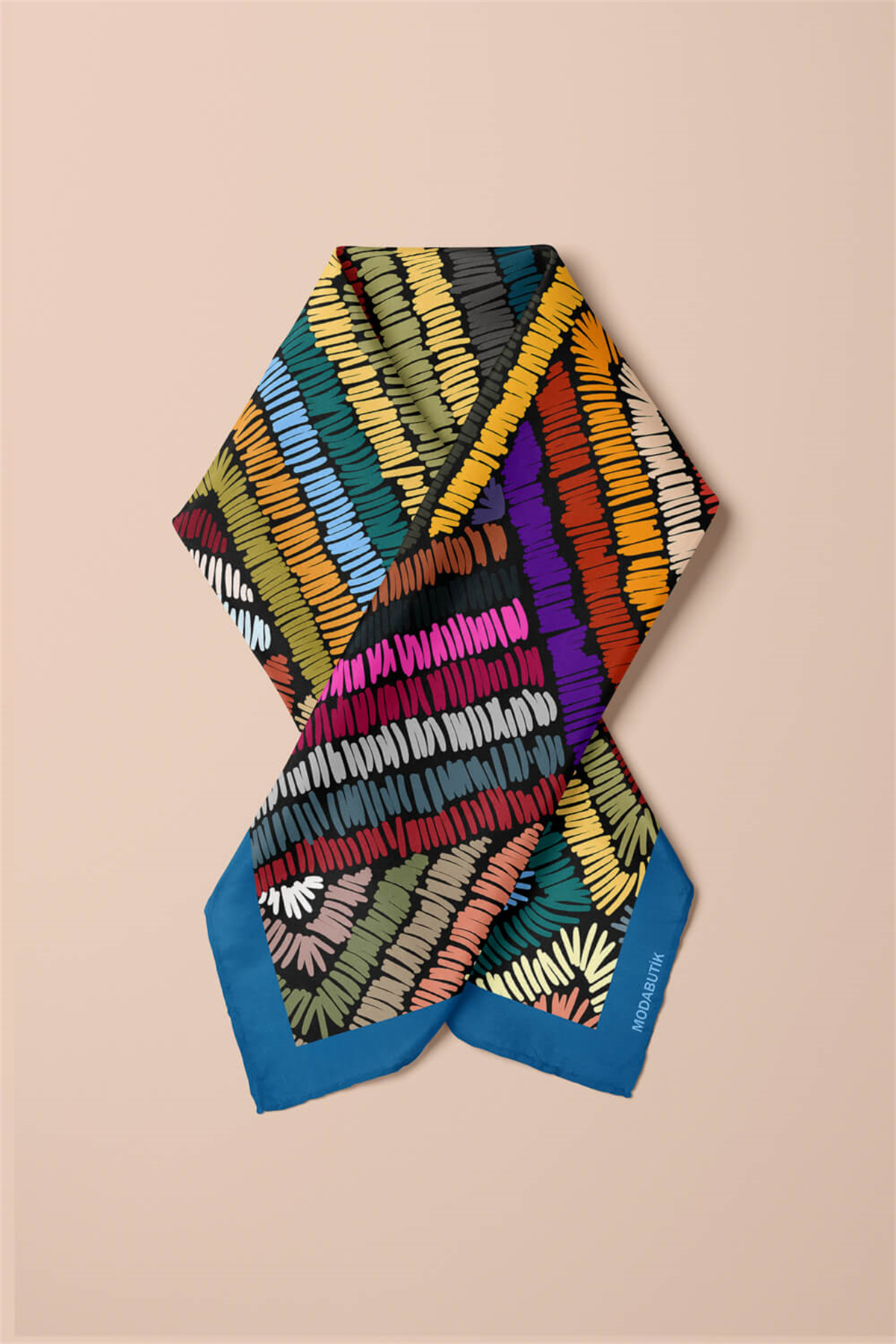 D69 Kadın Geometrik Desenli Bandana 50x50 Mavi Yeşil DG0412-22