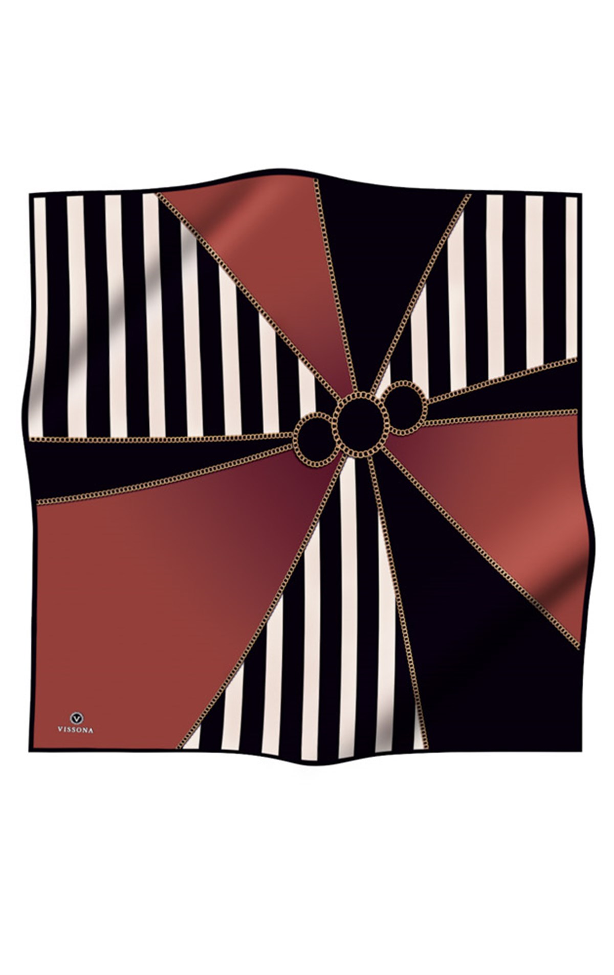 %100 Twill İpek Zincirli Çizgi Desenli Taba - Siyah Renkli 90x90 Eşarp Dikim Şekli : El Dikişi