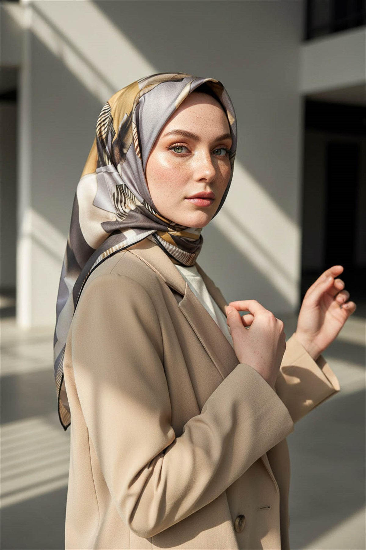 %100 Twill İpek Geometrik Desenli Gri - Bej Kabuğu Renkli 90x90 Eşarp Dikim Şekli : El Dikişi