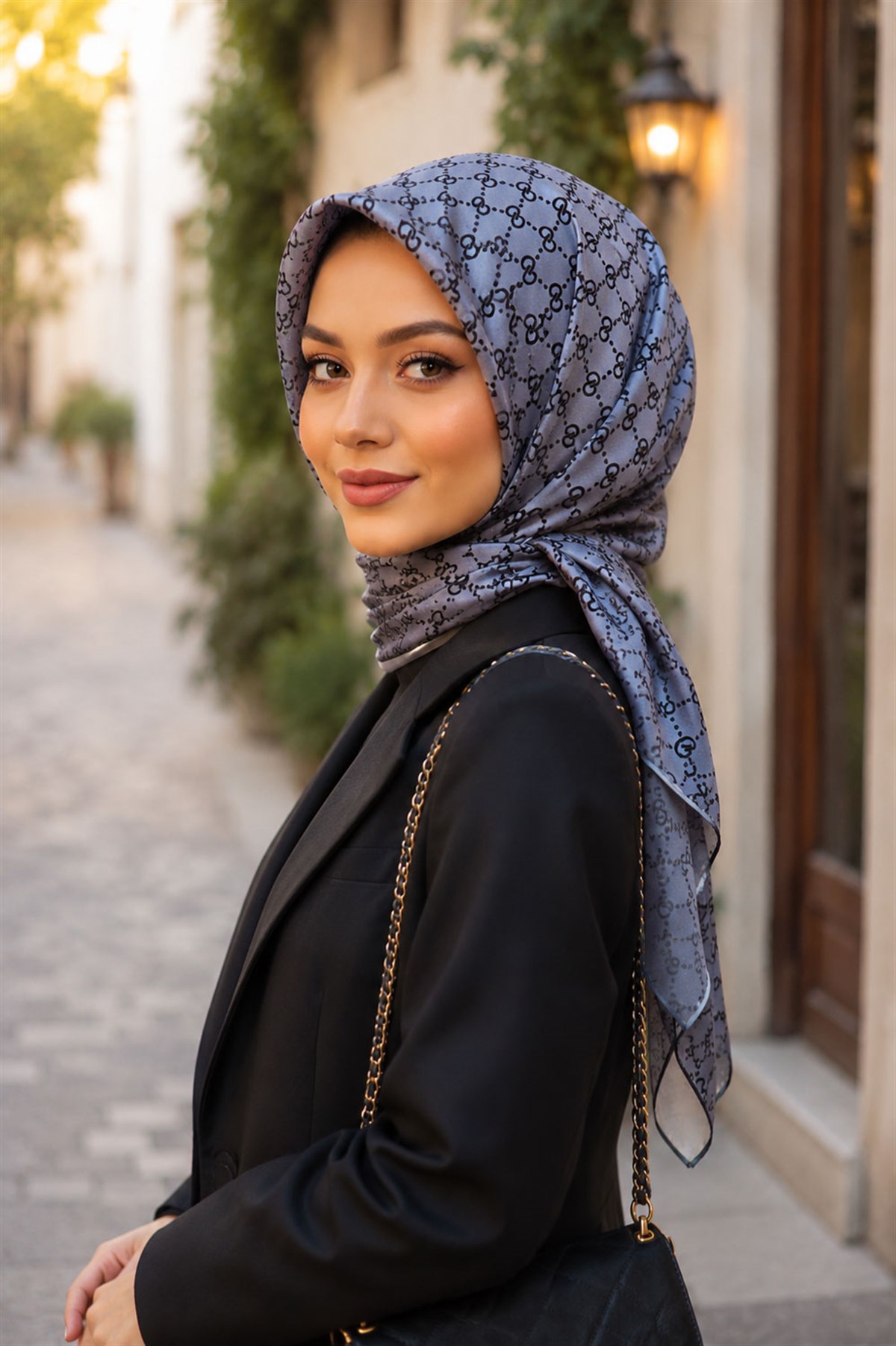 %100 Twill İpek Geometrik Desenli Siyah - Gri Renkli 90x90 Eşarp Dikim Şekli : El Dikişi