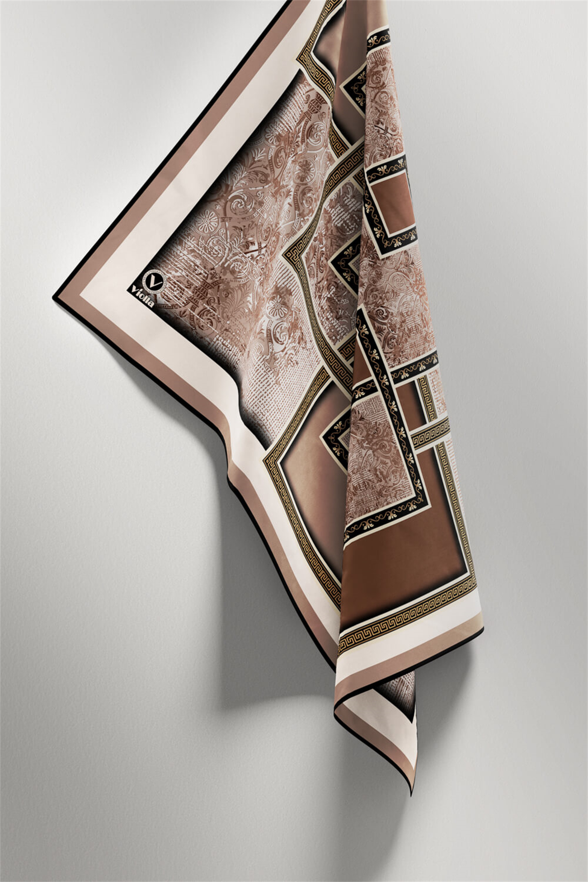 Twill Geometrik Desenli Vizon Renkli 90x90 Eşarp (İpek İçermez) Kenar Dikiş Şekli El Dikişli
