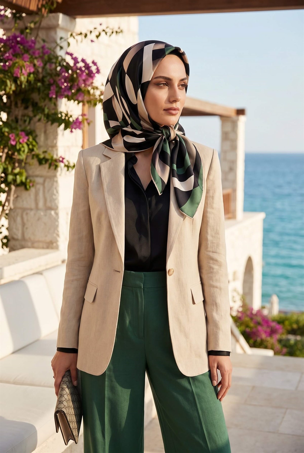 %100 Twill İpek Geometrik Desenli Petrol Yeşili - Bej Renkli 90x90 Eşarp Dikim Şekli : El Dikişi