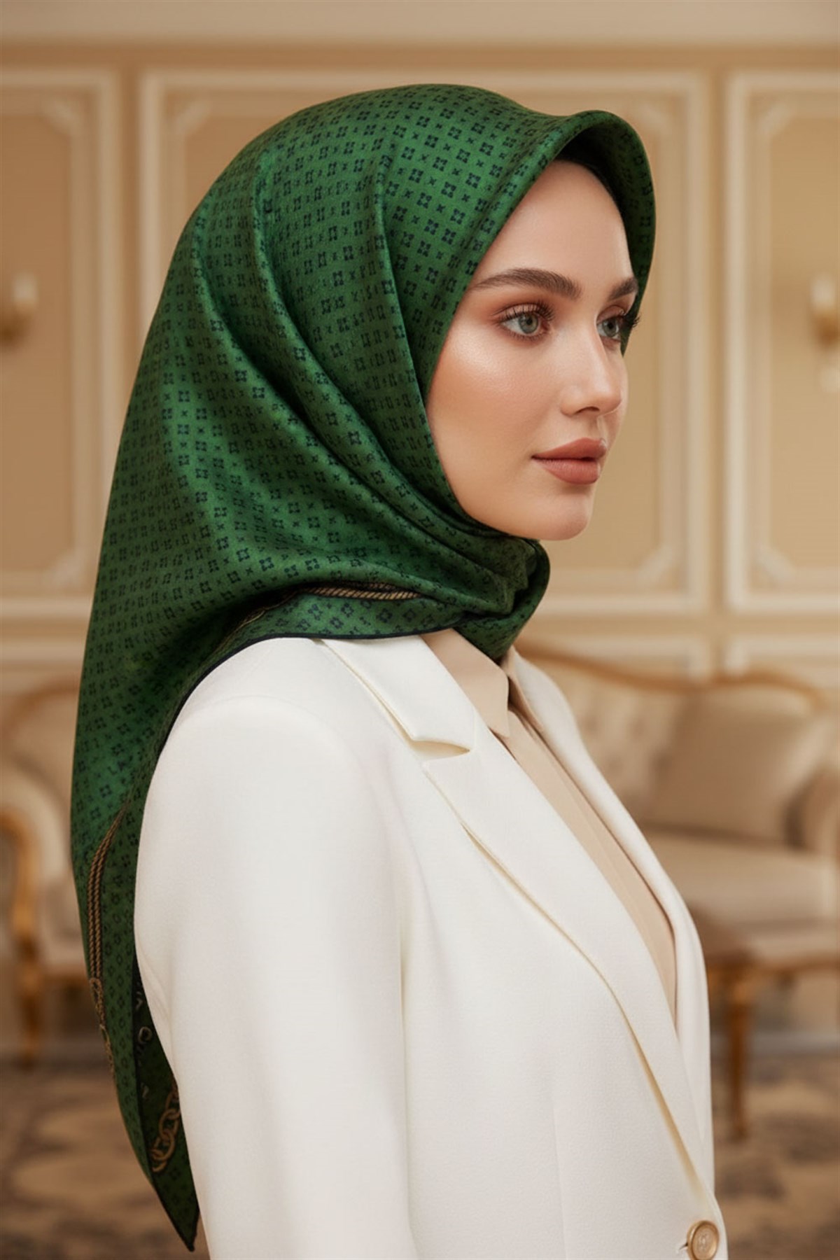 %57 İPEK %43 VİSKON Twill İpek Zincir Desenli Zümrüt Yeşili - Siyah Renkli 90x90 Eşarp Dikim Şekli : El Dikişi