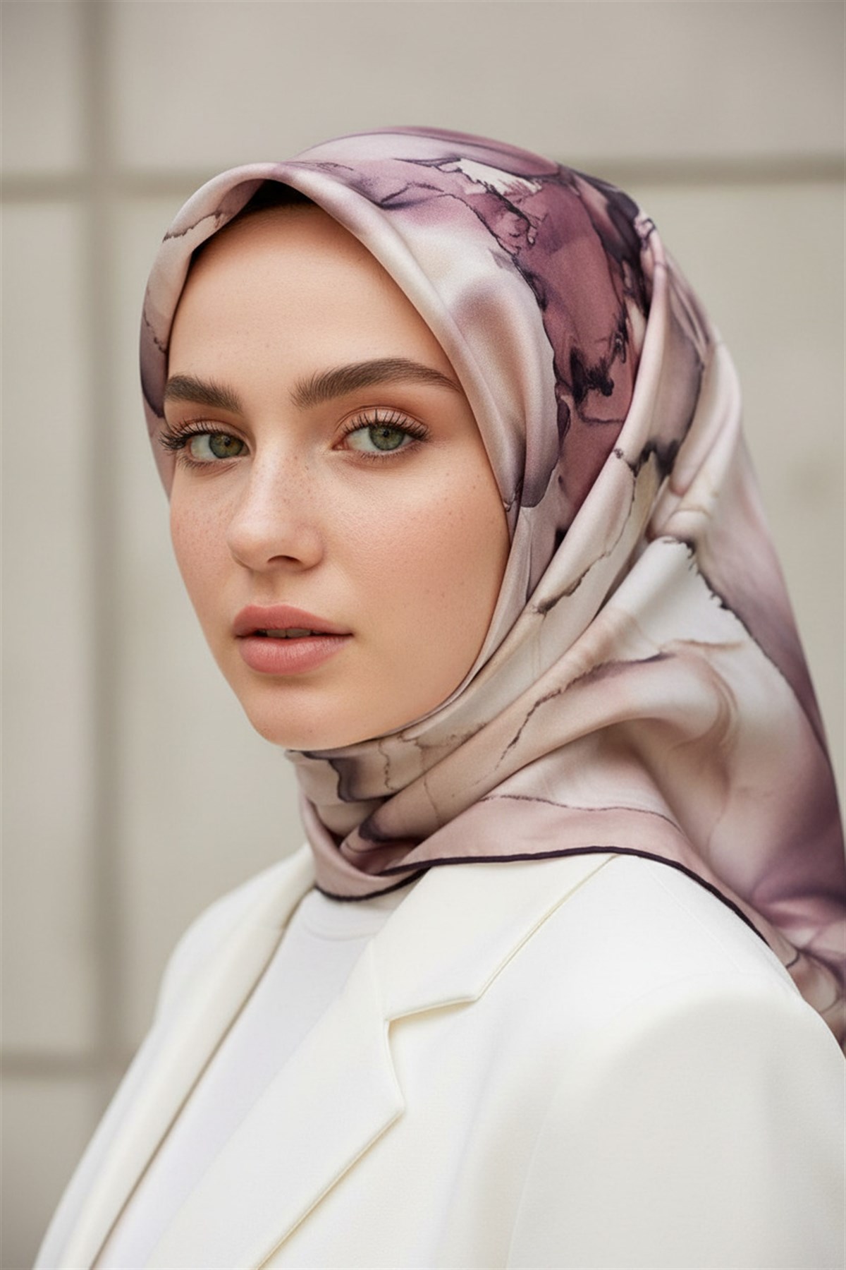 %100 Twill İpek Batik Çiçek Desenli Pudra - Bej Renkli 90x90 Eşarp Kenar Dikiş Şekli El Dikişli