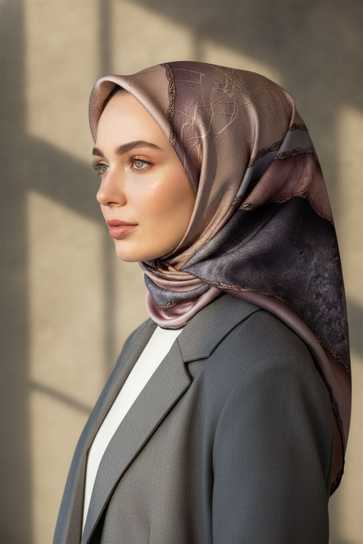 % 57 İPEK % 43 VİSKON Twill İpek Dokulu Geometrik Desenli Pudra - Gri Renkli 90x90 Eşarp Dikim Şekli : El Dikişi