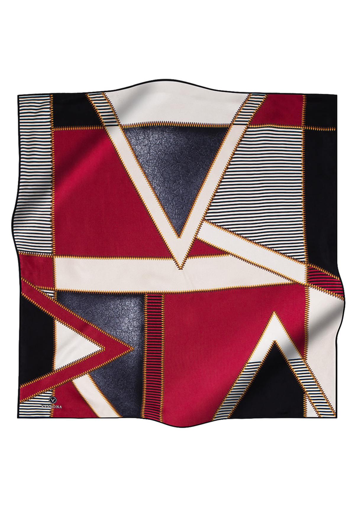 % 57 İPEK % 43 VİSKON Twill İpek Geometrik Desenli Bordo - Siyah Renkli 90x90 Eşarp Dikim Şekli : El Dikişi